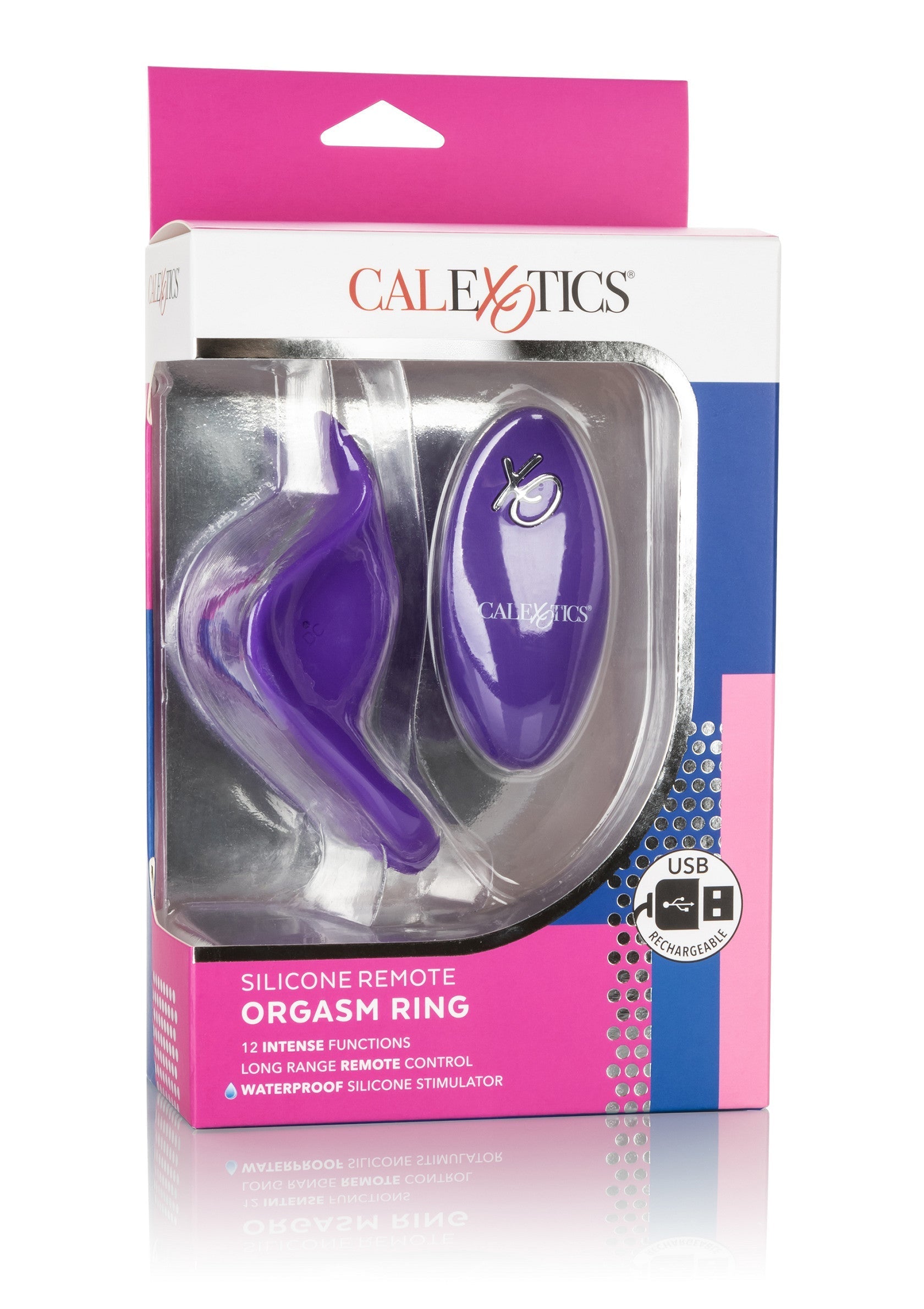 CalExotics Anneau de l'orgasme à distance en silicone violet pour le plaisir de couple.; Paarse CalExotics siliconen afstandsbediening orgasme ring voor koppel plezier.; Purple CalExotics silicone remote orgasm ring for couple pleasure.