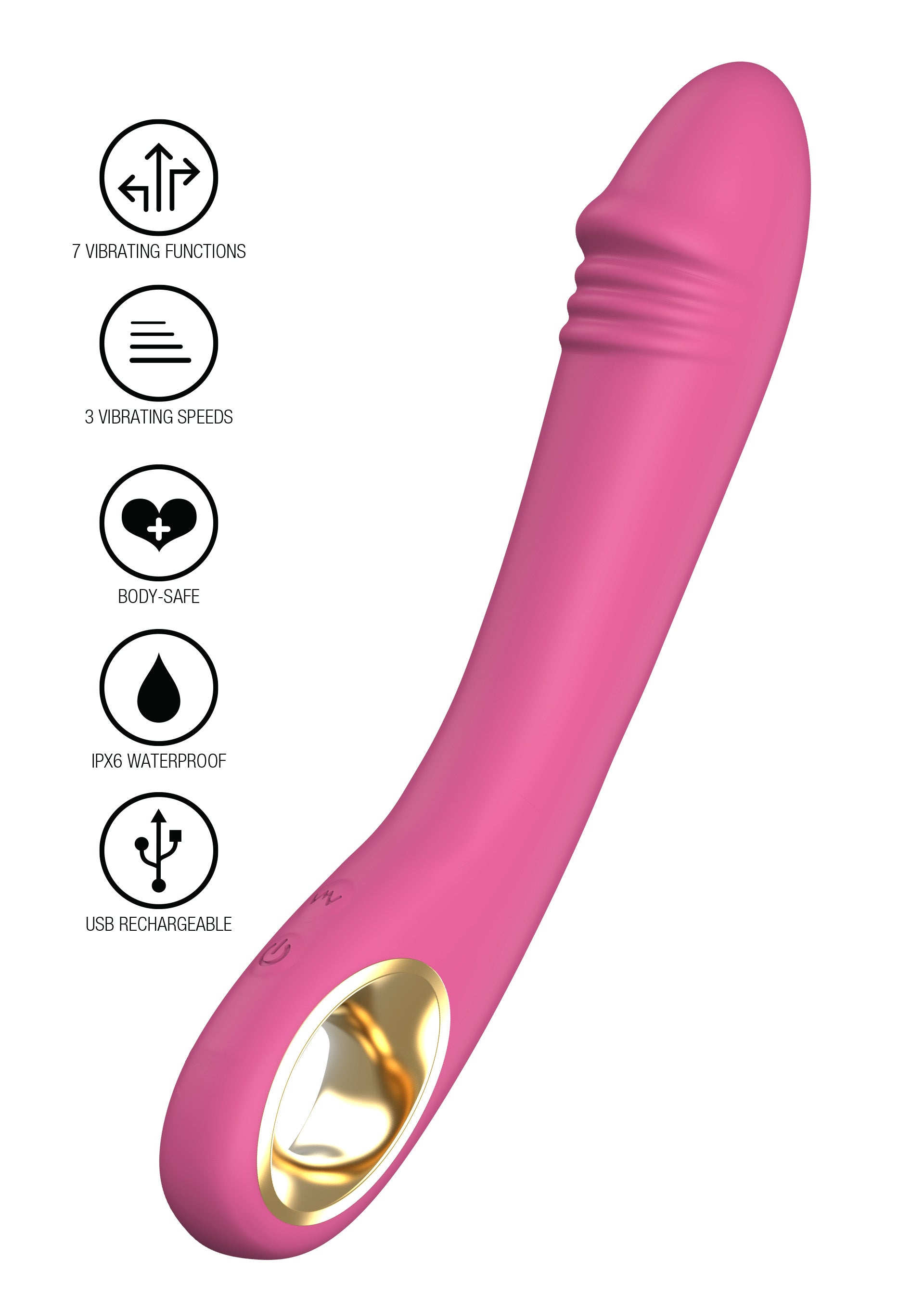 Vibromasseur rose avec 7 fonctions, 3 vitesses, étanche et rechargeable par USB. Un plaisir sûr et varié !; Roze vibrator met 7 functies, 3 snelheden, waterdicht en USB oplaadbaar. Veilig en gevarieerd plezier!; Pink vibrator with 7 functions, 3 speeds, waterproof and USB rechargeable. Safe and varied pleasure!