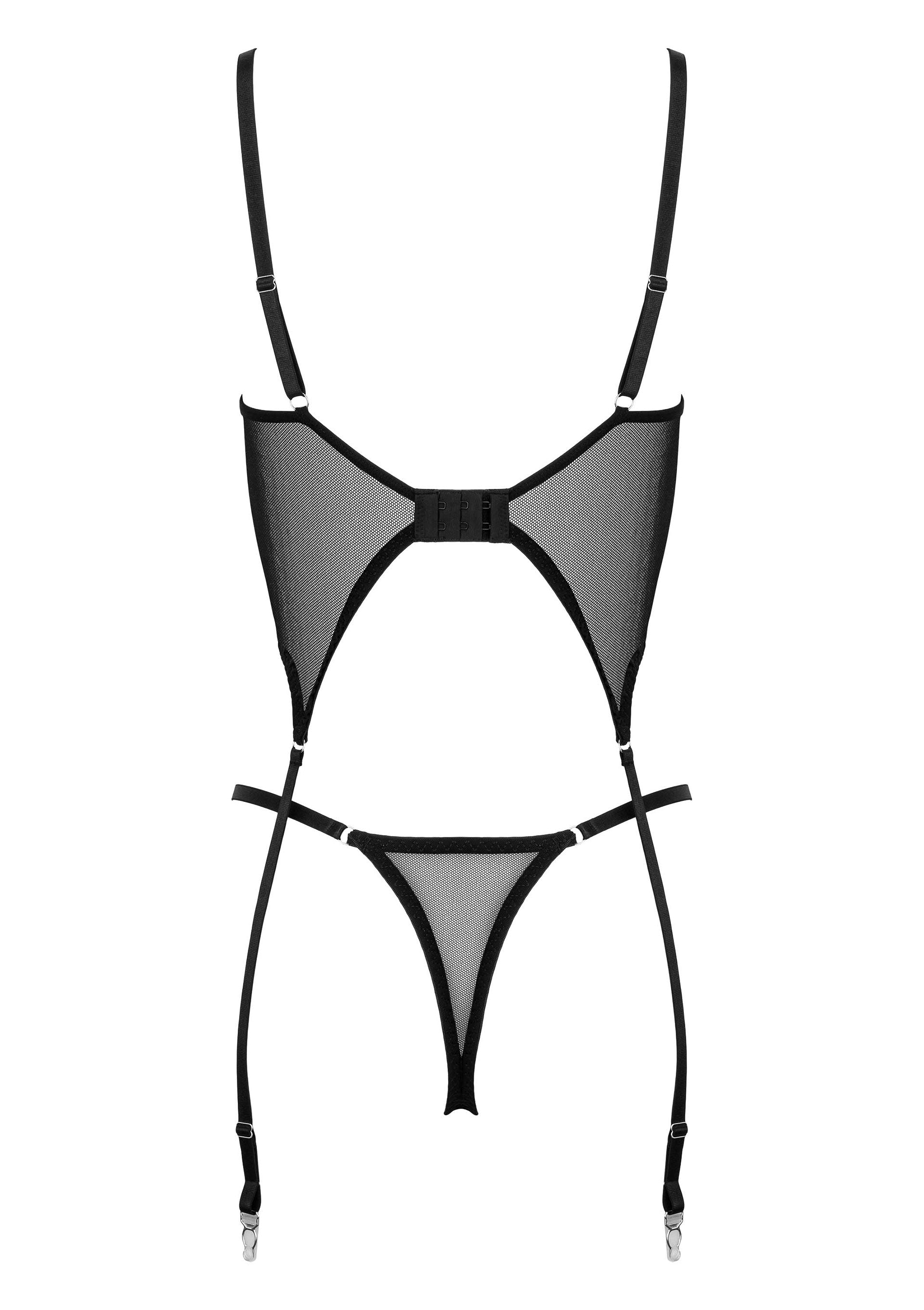 Ensemble de lingerie noire sexy avec jarretelles.; Sexy zwarte lingerie set met jarretels.; Sexy black lingerie set with garter straps.