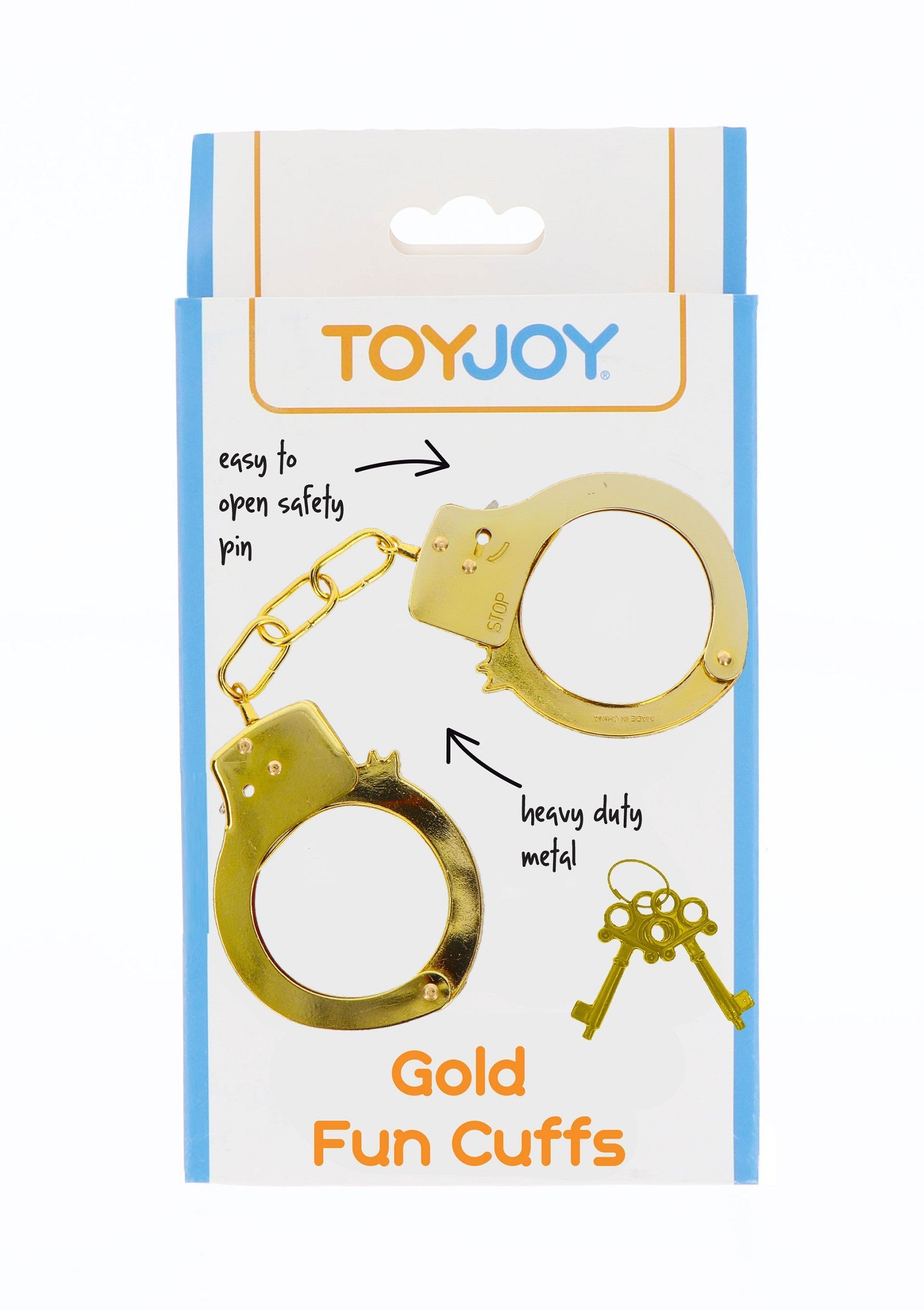 Menottes dorées amusantes ToyJoy. Accessoire de déguisement parfait pour ajouter du fun à vos soirées! Métal résistant.; ToyJoy gouden fun handboeien. Perfect verkleedaccessoire om plezier toe te voegen aan je avonden! Duurzaam metaal.; ToyJoy gold fun cuffs. Perfect dress-up accessory to add fun to your evenings! Durable metal.
