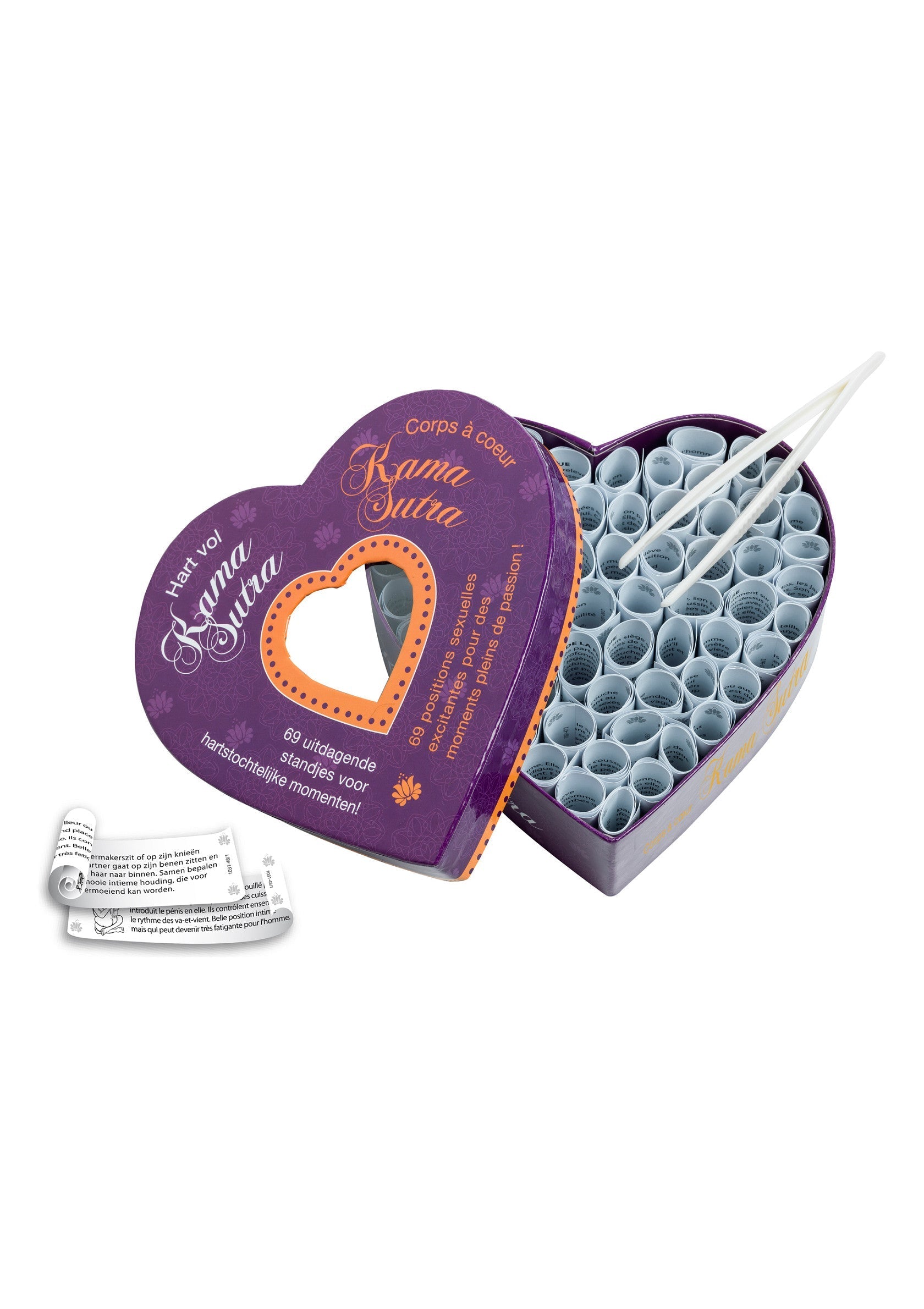 Coffret Kama Sutra en forme de cœur. 69 positions excitantes pour des moments de passion garantie! Cadeau parfait pour couples.; Kama Sutra hartvormige doos. 69 uitdagende standjes voor hartstochtelijke momenten! Perfect cadeau voor koppels.; Kama Sutra heart-shaped box. 69 challenging positions for passionate moments! Perfect gift for couples.