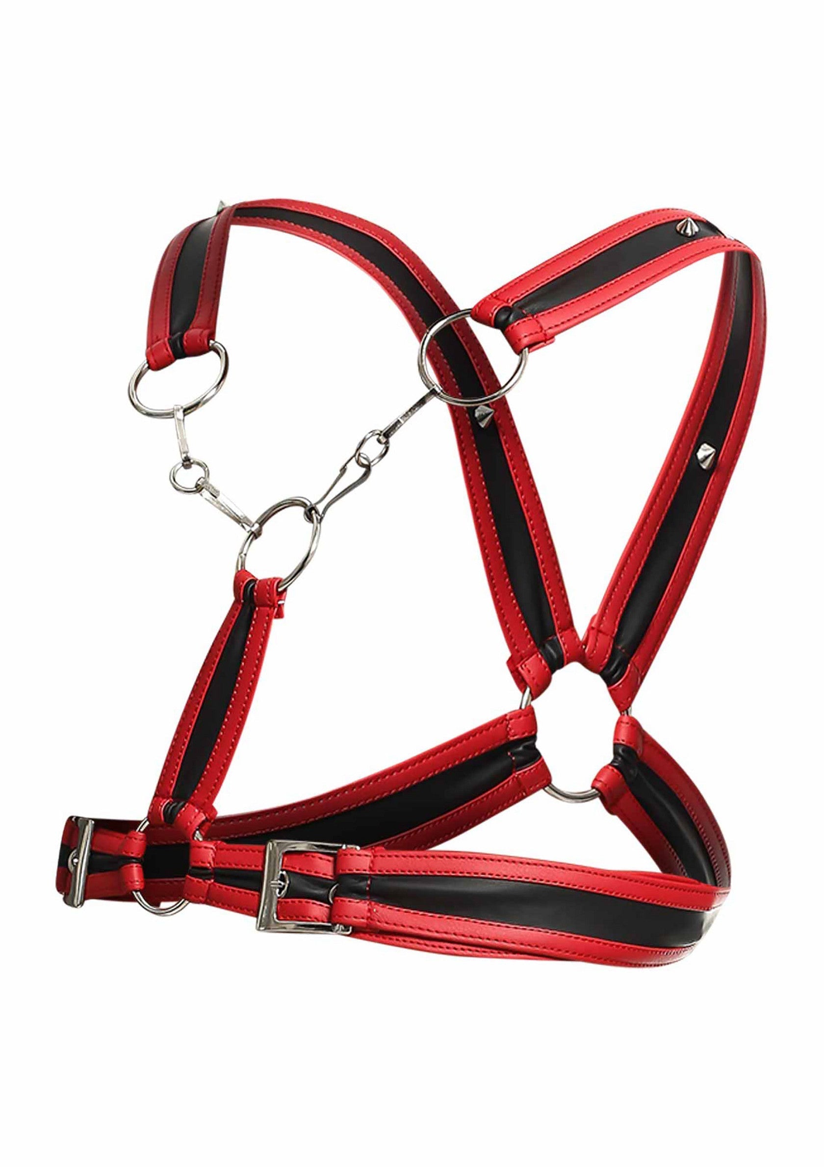 Harnais rouge et noir en cuir avec anneaux en métal pour un look audacieux et élégant.; Rode en zwarte leren harnas met metalen ringen voor een gedurfde en stijlvolle look.; Red and black leather harness with metal rings for a bold and stylish look.