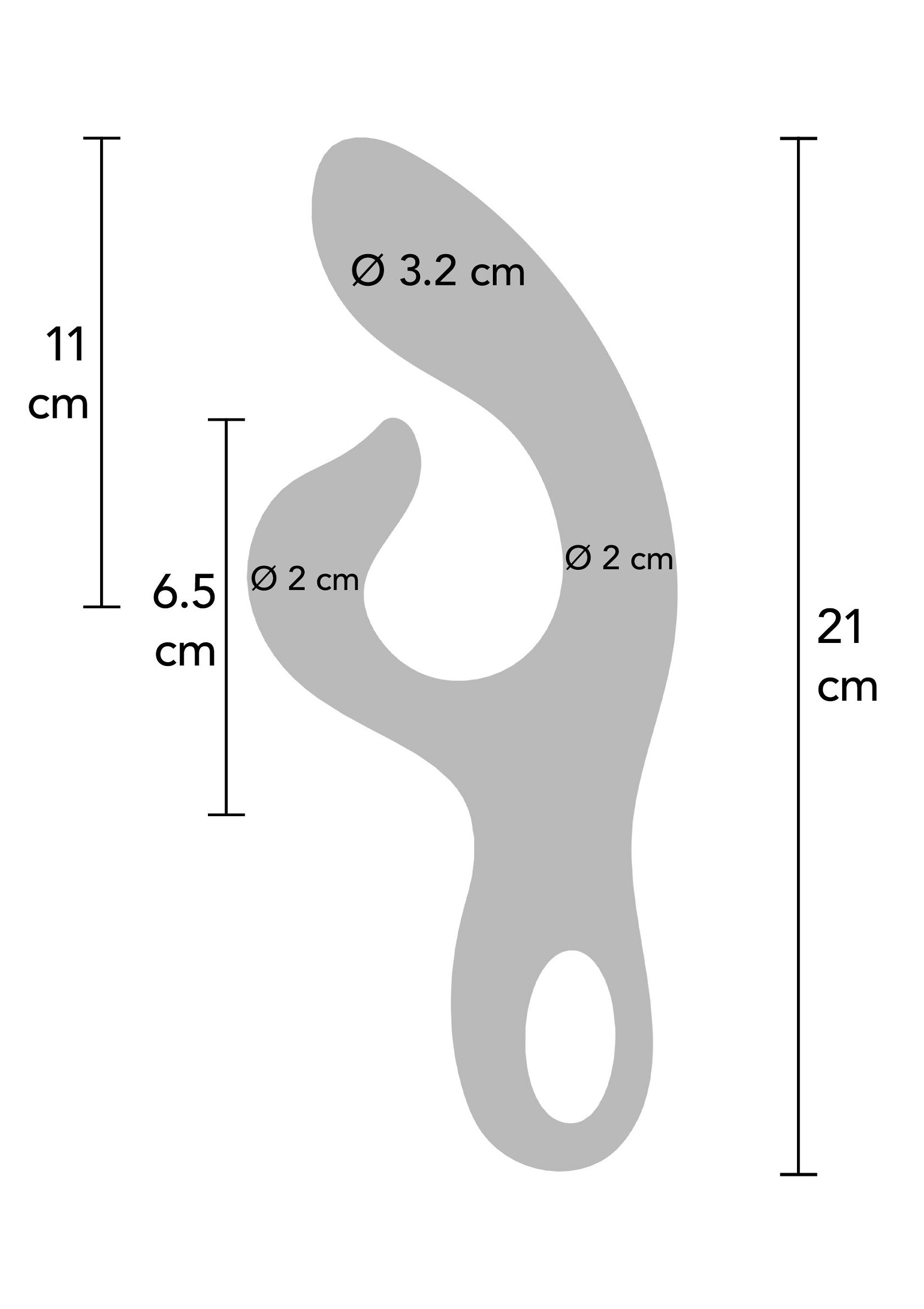 Schéma d'un sextoy avec dimensions : 21cm de hauteur, têtes de 3.2cm et 2cm de diamètre.; Schema van seksspeeltje met afmetingen: 21cm hoog, koppen van 3.2cm en 2cm diameter.; Sex toy diagram with dimensions: 21cm tall, heads 3.2cm and 2cm diameter.