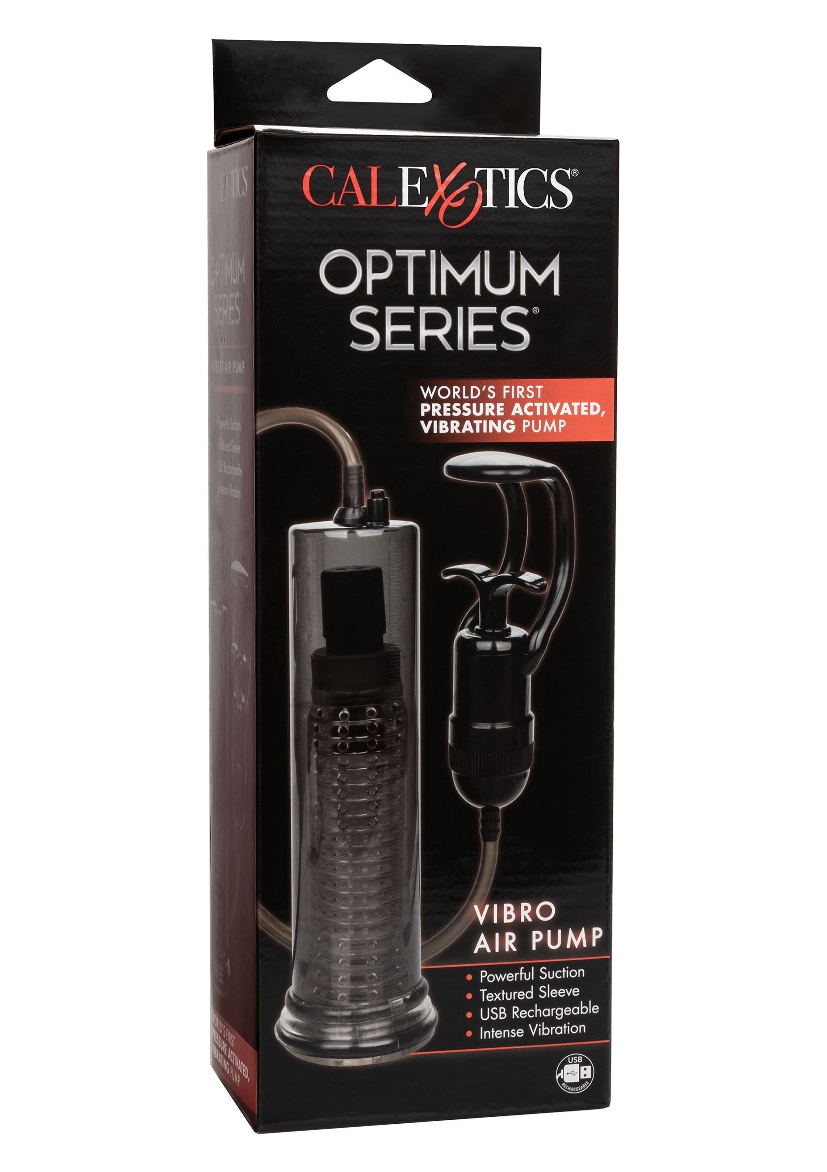 CalExotics Optimum Series Vibro Air Pump. Pompe à pénis vibrante à succion puissante, rechargeable par USB.; CalExotics Optimum Series Vibro Air Pump. Vibrerende penispomp met krachtige zuiging, USB oplaadbaar.; CalExotics Optimum Series Vibro Air Pump. Powerful suction vibrating penis pump, USB rechargeable.