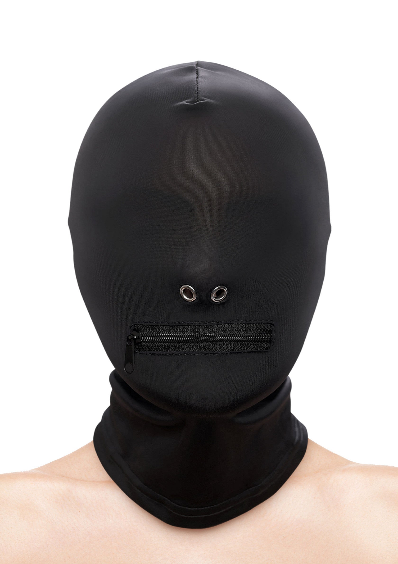 Masque intégral noir avec fermeture éclair et œillets, idéal pour les jeux de rôle et les fantasmes.; Zwart masker met rits en oogjes, perfect voor rollenspellen en fetisjen.; Black full-face mask with zipper and eyelets, perfect for role-playing and fetish.