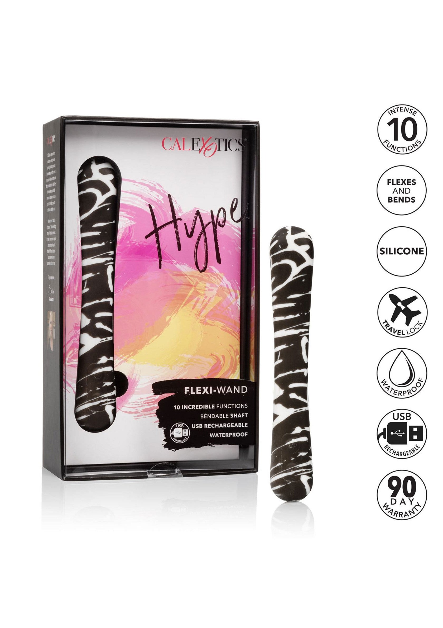 Masseur vibrant CalExotics Hype Flexi-Wand avec 10 fonctions et manche flexible. Rechargeable USB et étanche.; CalExotics Hype Flexi-Wand vibrerende massager met 10 functies en flexibele schacht. USB oplaadbaar en waterdicht.; CalExotics Hype Flexi-Wand vibrating massager with 10 functions & bendable shaft. USB rechargeable & waterproof.
