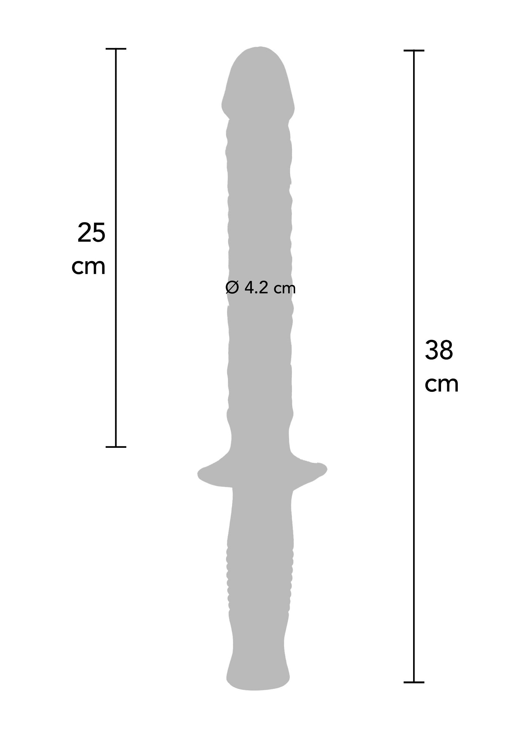 Dessin technique d'un godemichet avec manche en forme de couteau. Dimensions: 25cm (tige), 38cm (totale) et 4.2cm (diamètre).; Technische tekening van een dildo met mesheft. Afmetingen: 25cm (schacht), 38cm (totaal) en 4.2cm (diameter).; Technical drawing of a dildo with knife handle. Dimensions: 25cm (shaft), 38cm (total) and 4.2cm (diameter).