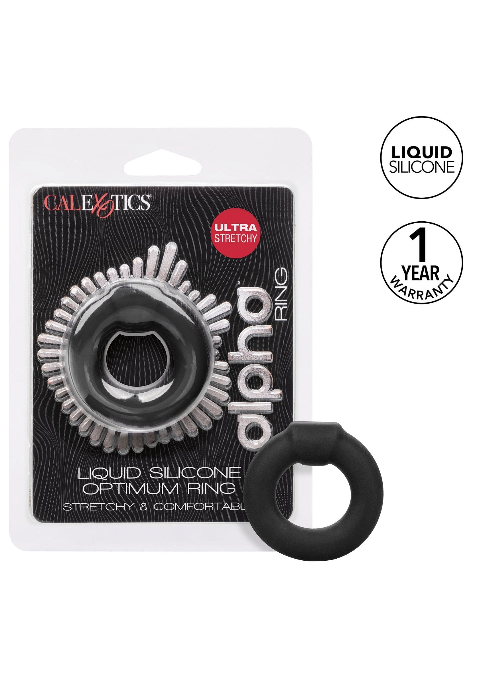 Anneau pénien CalExotics Alpha Ring en silicone liquide extensible pour un confort optimal.; CalExotics Alpha Ring penisring, gemaakt van rekbaar vloeibaar siliconen voor optimaal comfort.; CalExotics Alpha Ring cock ring, made from stretchy liquid silicone for optimum comfort.