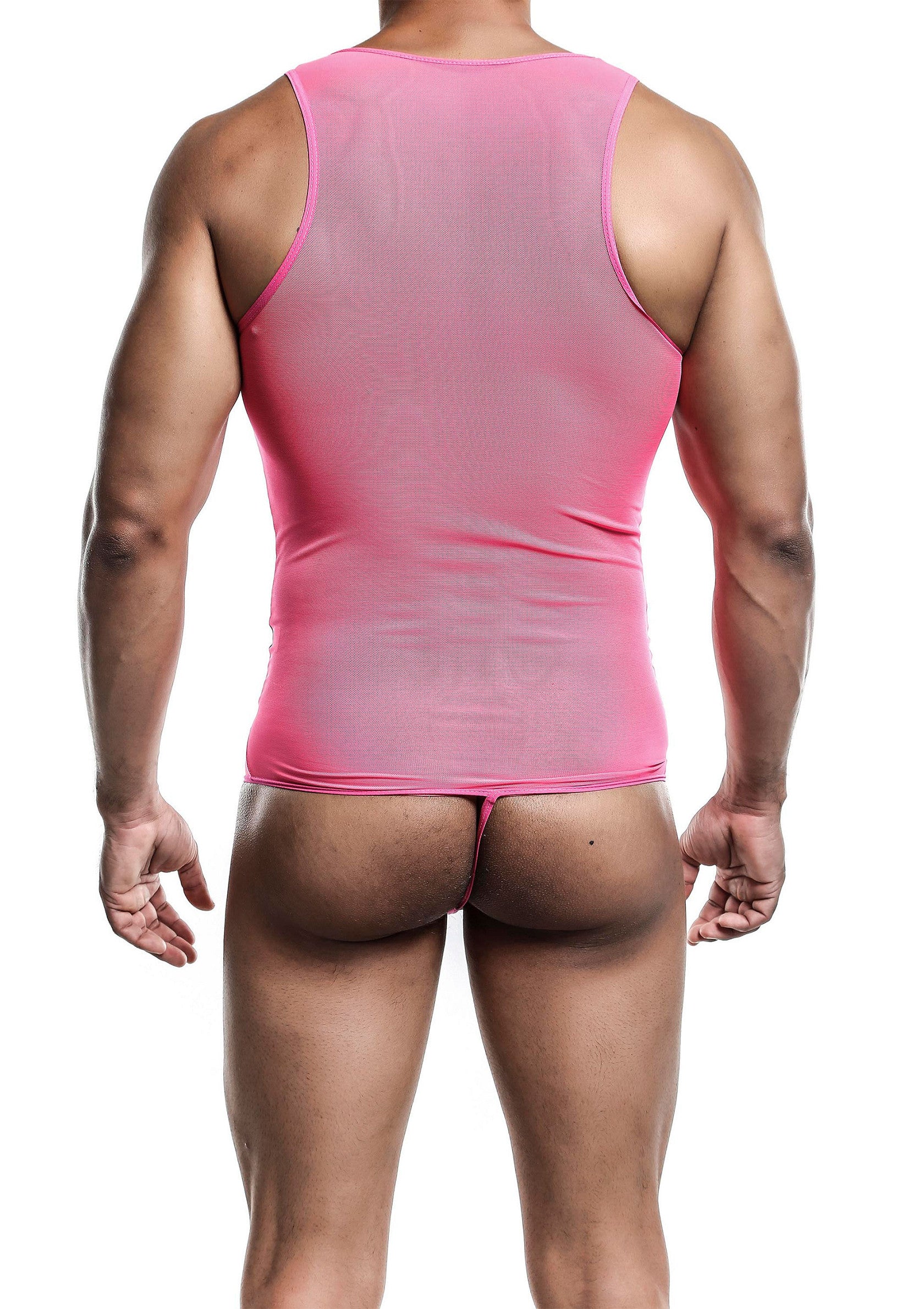 Débardeur rose transparent pour homme, idéal pour un look audacieux et sexy.; Roze doorschijnende heren tanktop, perfect voor een gedurfde en sexy look.; Pink see-through men's tank top, perfect for a bold and sexy look.
