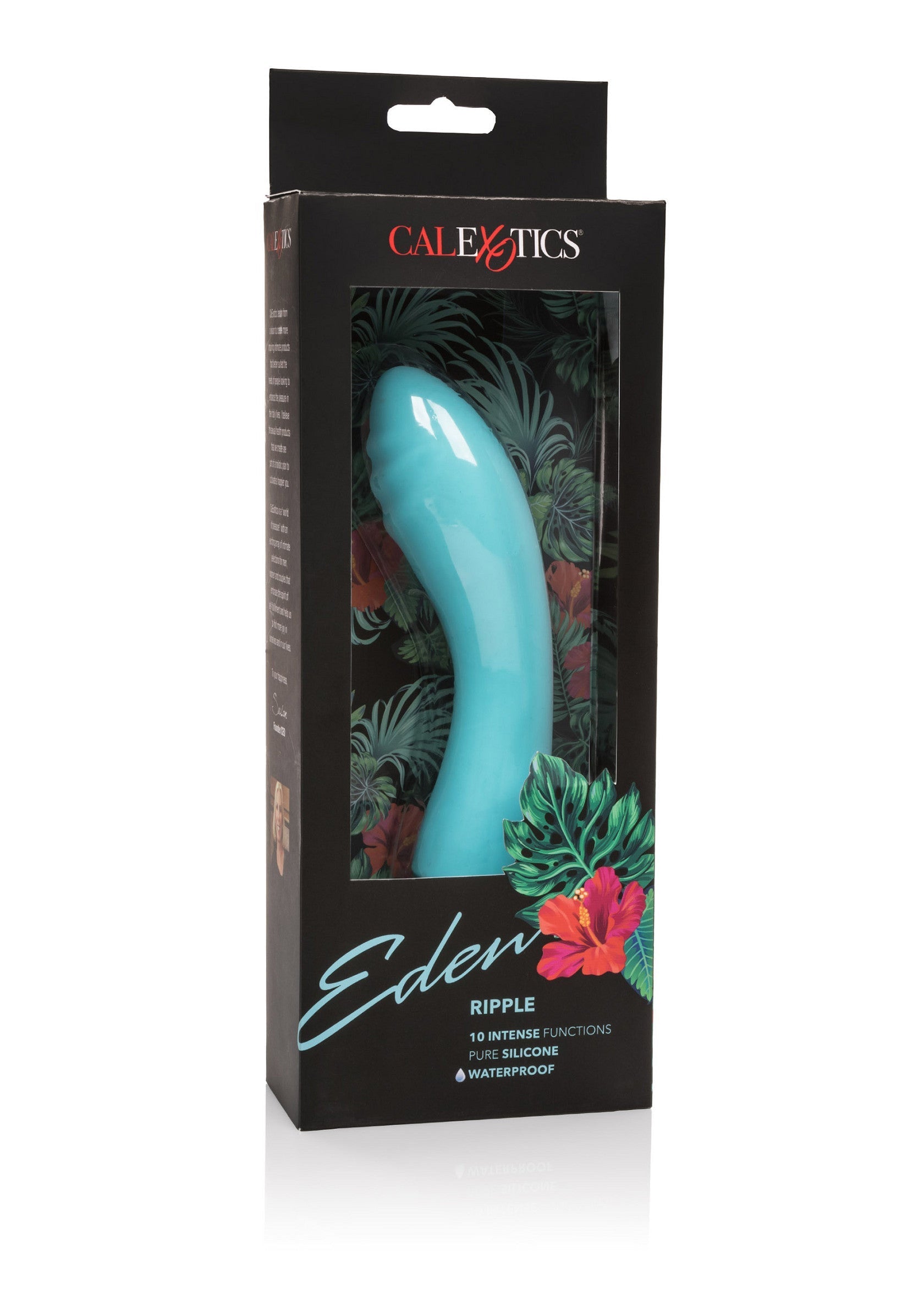 CalExotics Eden Ripple : vibromasseur en silicone bleu turquoise avec 10 fonctions. Étanche pour le plaisir dans le bain.; CalExotics Eden Ripple: turquoise blauwe siliconen vibrator met 10 functies. Waterdicht voor plezier in bad.; CalExotics Eden Ripple: turquoise blue silicone vibrator with 10 functions. Waterproof for fun in the bath.