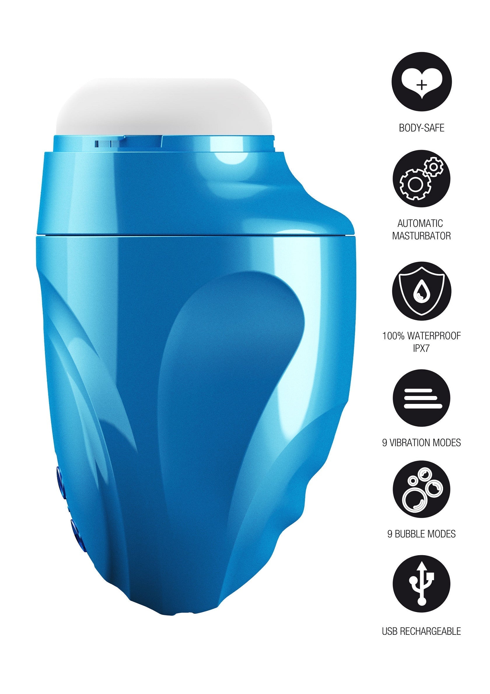 Masturbateur automatique bleu, sûr pour le corps, étanche IPX7, 9 modes de vibration et de bulles, rechargeable par USB.; Automatische masturbator blauw, lichaamsveilig, IPX7 waterdicht, 9 vibratie- en bubbelmodi, USB oplaadbaar.; Blue automatic masturbator, body-safe, IPX7 waterproof, 9 vibration & bubble modes, USB rechargeable.