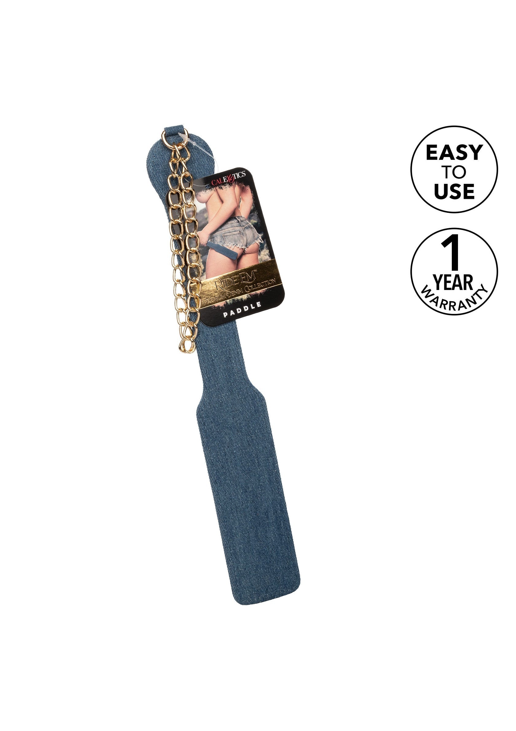 Palette coquine en jean avec chaîne dorée. Facile à utiliser, garantie 1 an.; Denim spanking paddle met gouden ketting. Makkelijk te gebruiken, 1 jaar garantie.; Denim spanking paddle with gold chain. Easy to use, 1 year warranty.