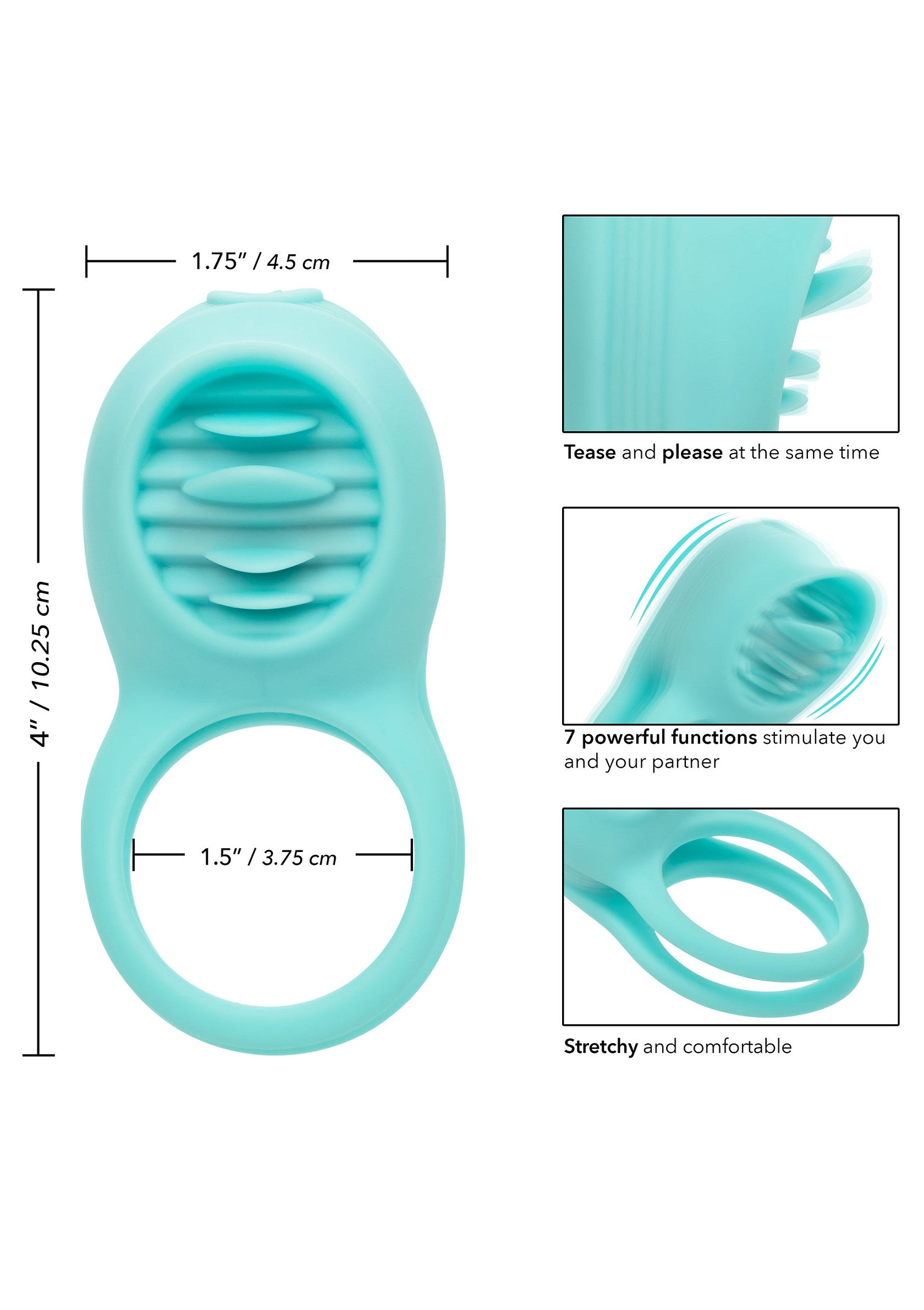 Anneau pénien turquoise extensible pour des sensations intenses. Stimulation garantie pour vous et votre partenaire.; Turquoise penisring voor intense gevoelens. Gegarandeerde stimulatie voor jou en je partner. Rekbaar en comfortabel.; Teal stretchy cock ring for intense sensations. Guaranteed stimulation for you and your partner. Stretchy and comfortable.