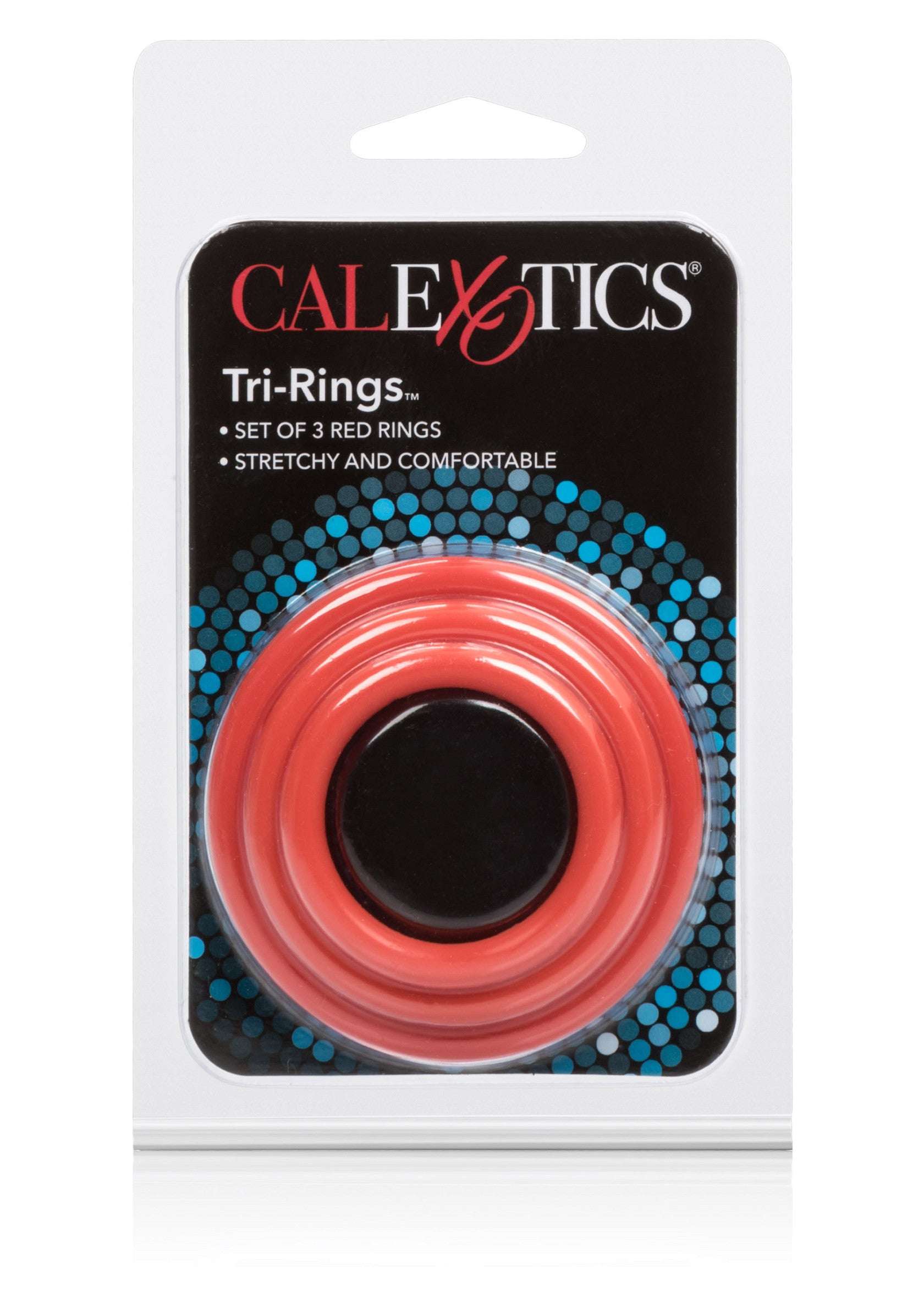CalExotics Tri-Rings, un ensemble de 3 anneaux rouges extensibles et confortables.; CalExotics Tri-Rings, een set van 3 rode ringen, rekbaar en comfortabel.; CalExotics Tri-Rings, set of 3 red rings, stretchy and comfortable.