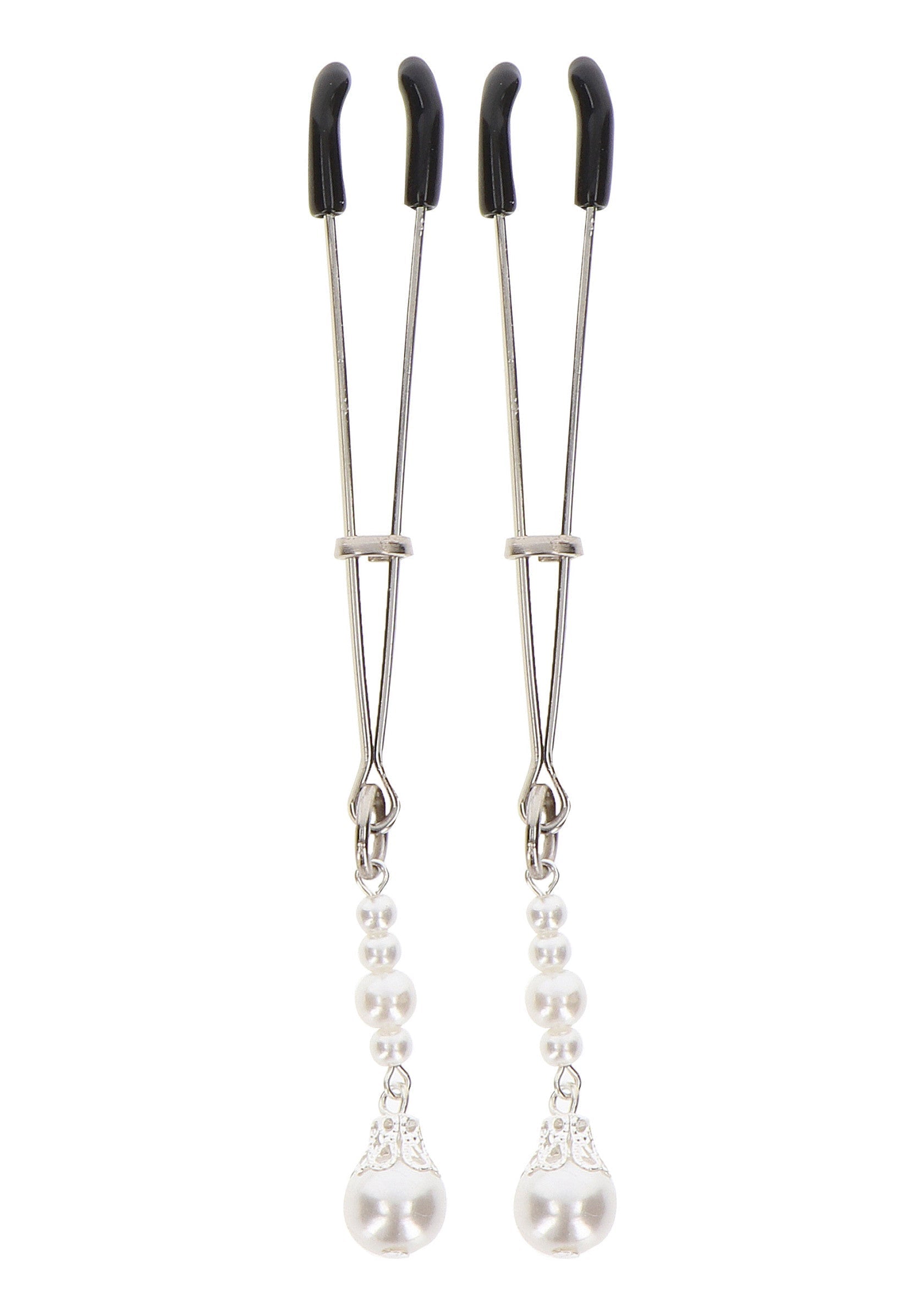 Pinces à tétons avec des perles pendantes. Accessoires de plaisir pour adultes.; Tepelklemmen met parels. Plezieraccessoires voor volwassenen.; Nipple clamps with dangling pearls. Adult novelty pleasure accessories.