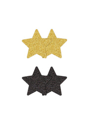 Paillettes étoiles dorées et noires pour décorations festives.; Gouden en zwarte glitter sterren voor feestelijke decoraties.; Gold and black glitter stars for festive decorations.