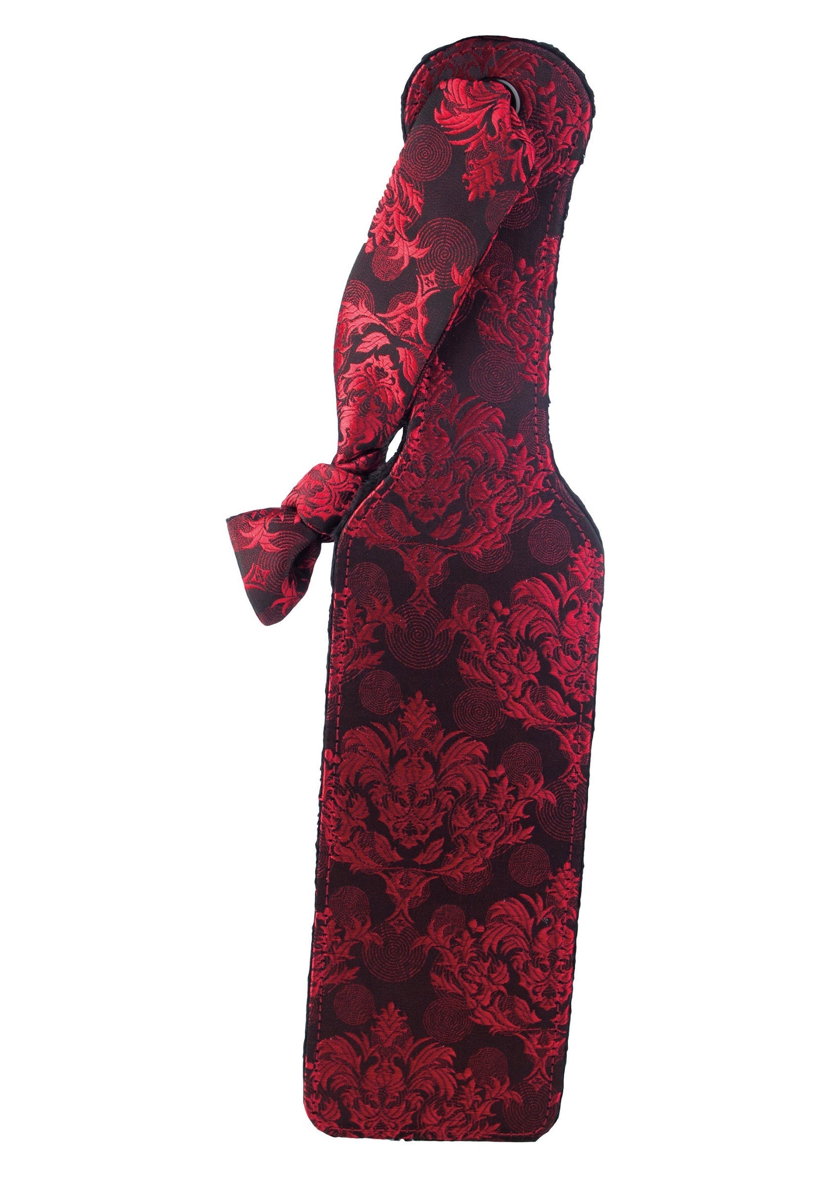 Palette à fesser rembourrée rouge et noire à motifs damassés.; Gepolsterde paddle in rood en zwart damastpatroon.; Red and black padded paddle with damask pattern.