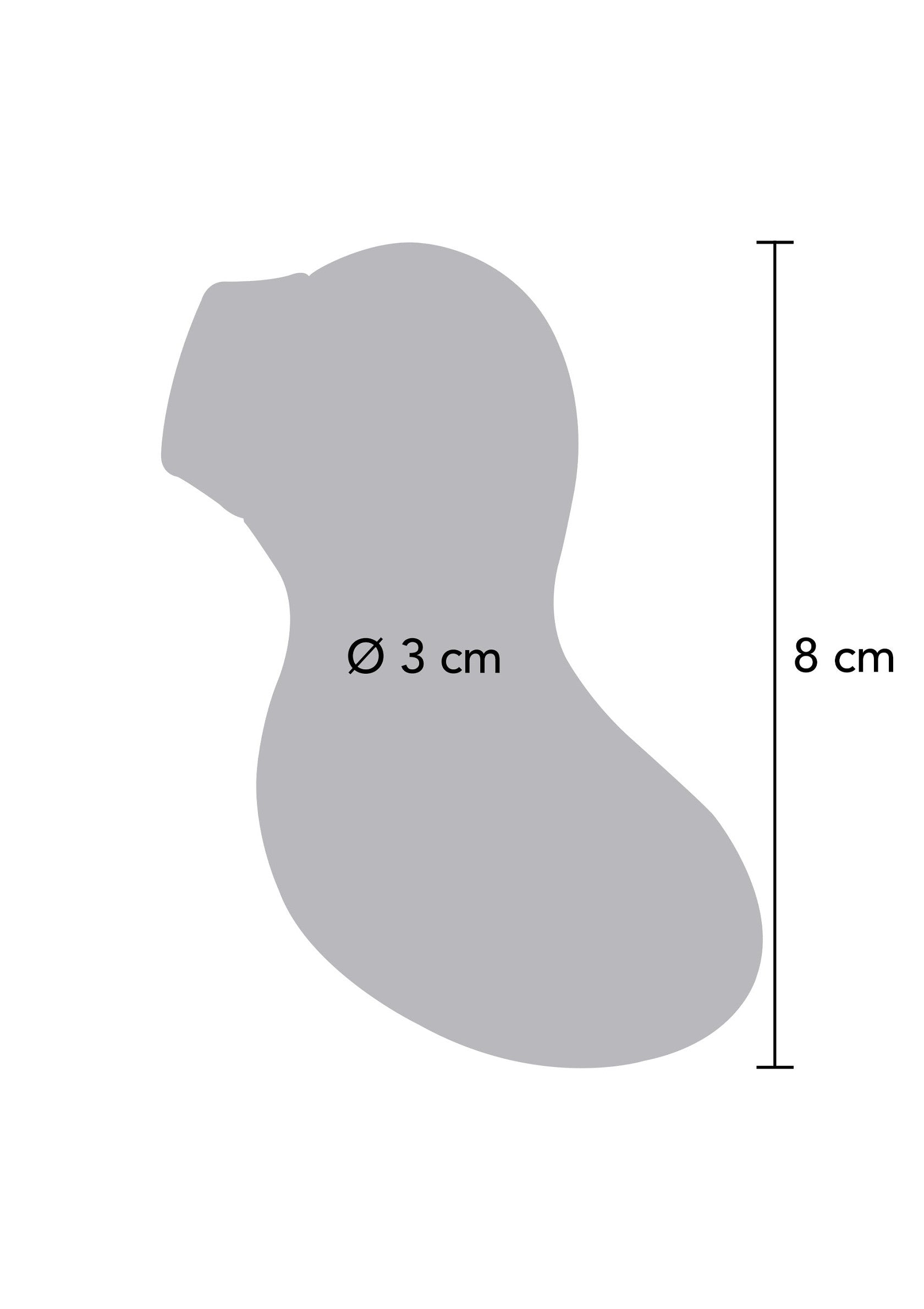 Schéma technique de produit : forme irrégulière, diamètre de 3 cm et hauteur de 8 cm.; Technisch schema van product: onregelmatige vorm, diameter van 3 cm en hoogte van 8 cm.; Product technical drawing: irregular shape, 3 cm diameter and 8 cm height.