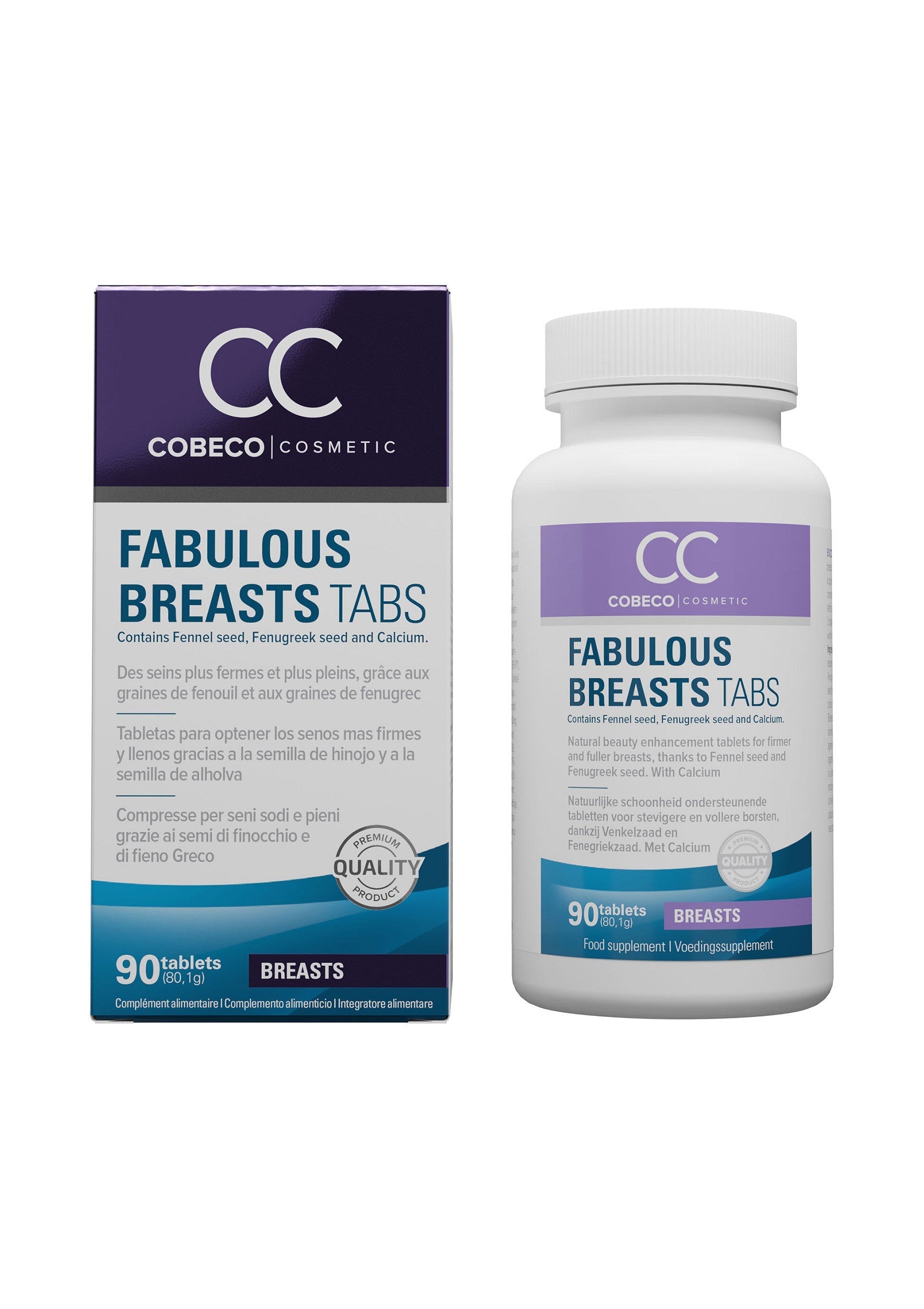 Cobeco Cosmetic Fabulous Breasts Tabs : des comprimés pour des seins plus fermes et plus pulpeux. Contient du fenouil et du fenugrec.; Cobeco Cosmetic Fabulous Breasts Tabs: tabletten voor stevigere en vollere borsten. Bevat venkel en fenegriek.; Cobeco Cosmetic Fabulous Breasts Tabs: tablets for firmer, fuller breasts. Contains fennel and fenugreek seed and Calcium.
