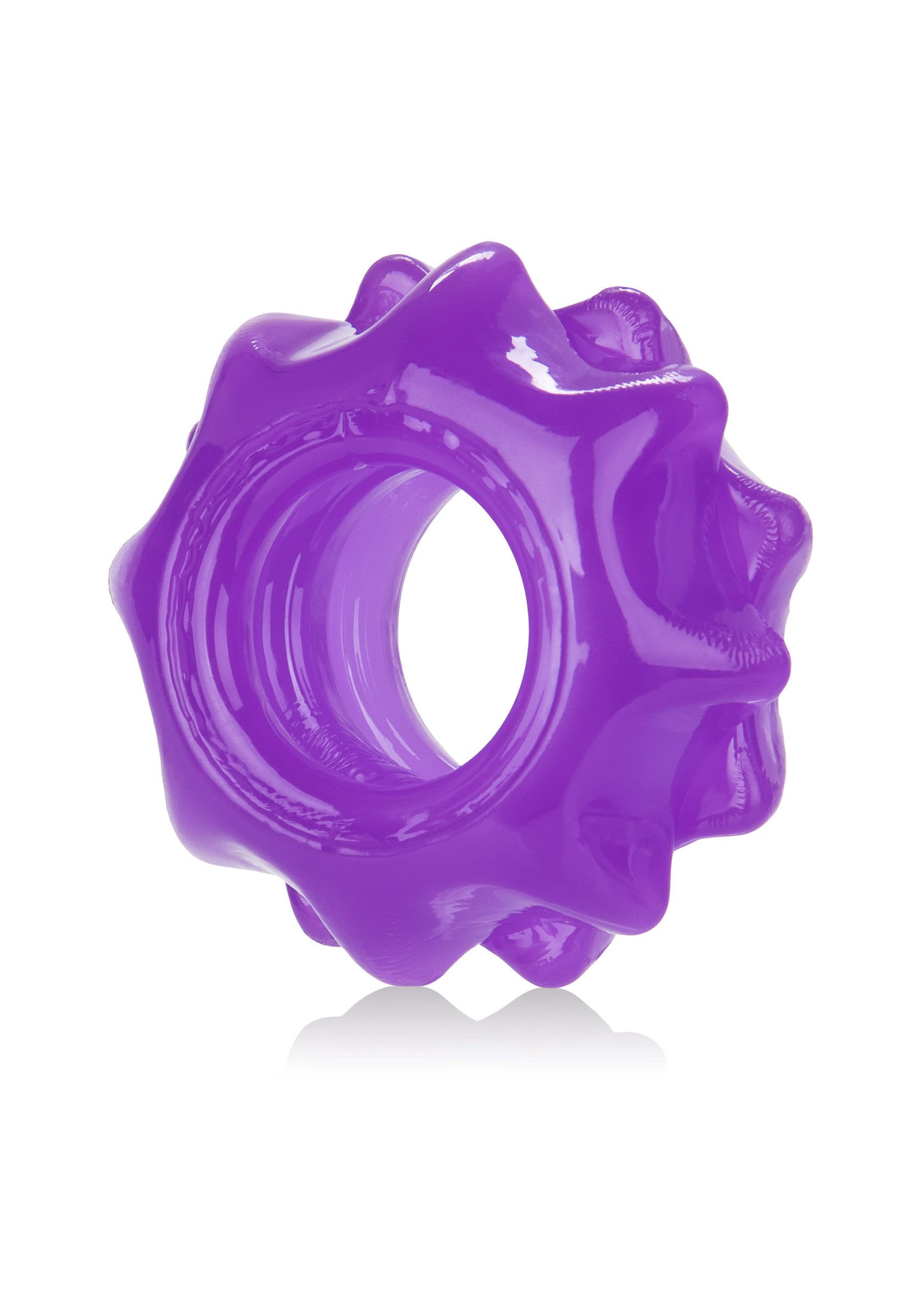 Anneau pénien vibrant violet texturé pour plus de plaisir.; Getextureerde, paarse vibrerende penisring voor extra plezier.; Textured purple vibrating cock ring for added pleasure.