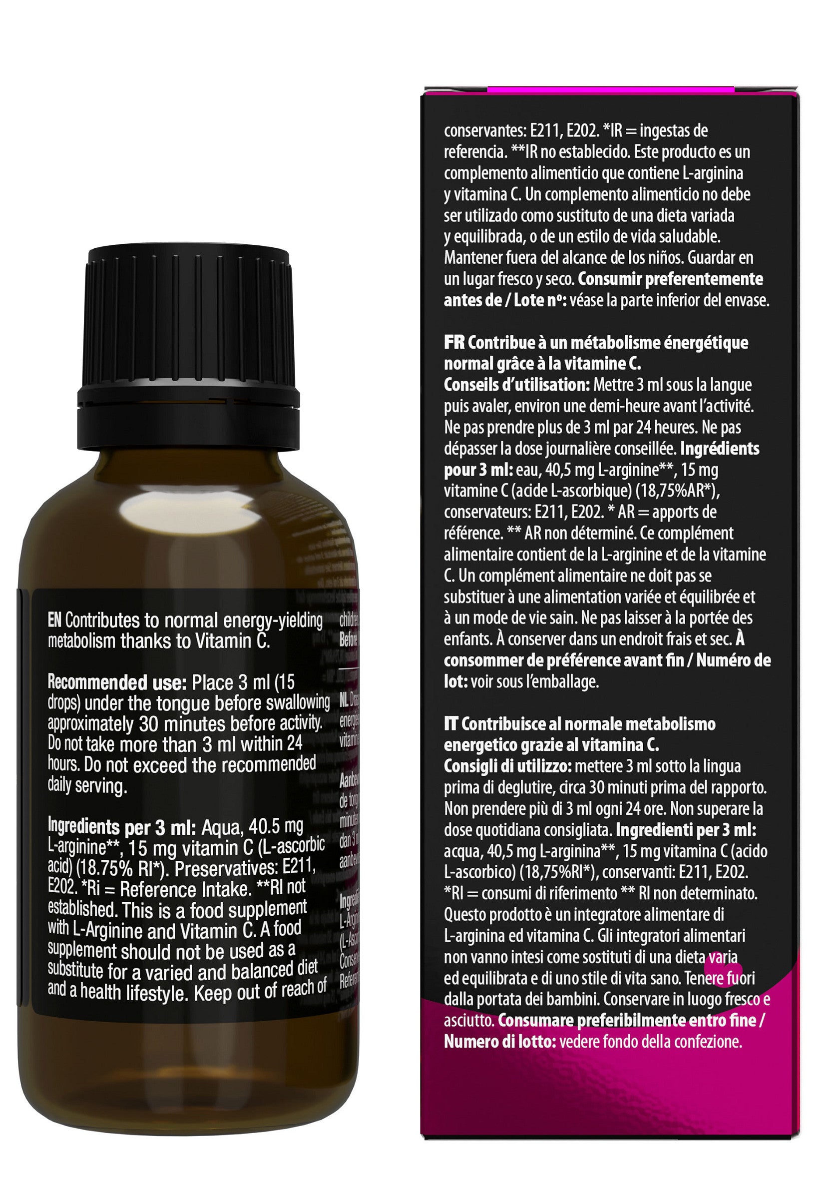 Complément alimentaire L-Arginine & Vitamine C. Soutient l'énergie & réduit la fatigue. Facile à utiliser avec un compte-gouttes.; L-Arginine & Vitamine C voedingssupplement. Ondersteunt energie & vermindert vermoeidheid. Makkelijk te gebruiken met een pipet.; L-Arginine & Vitamin C food supplement. Supports energy & reduces fatigue. Easy to use with dropper. 