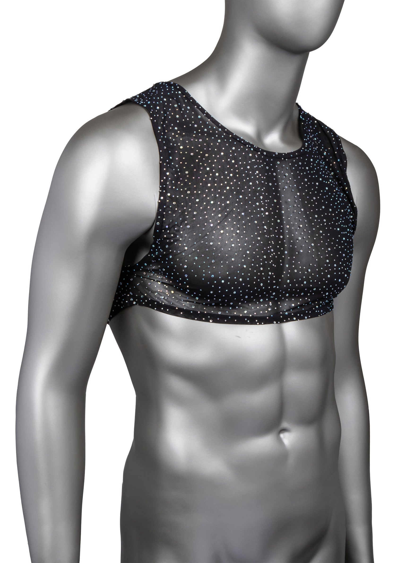 Haut court résille noir à pois pour homme. Sexy et tendance !; Zwarte crop top van mesh met stippen voor heren. Sexy en trendy!; Men's black dotted mesh crop top. Sexy and trendy!