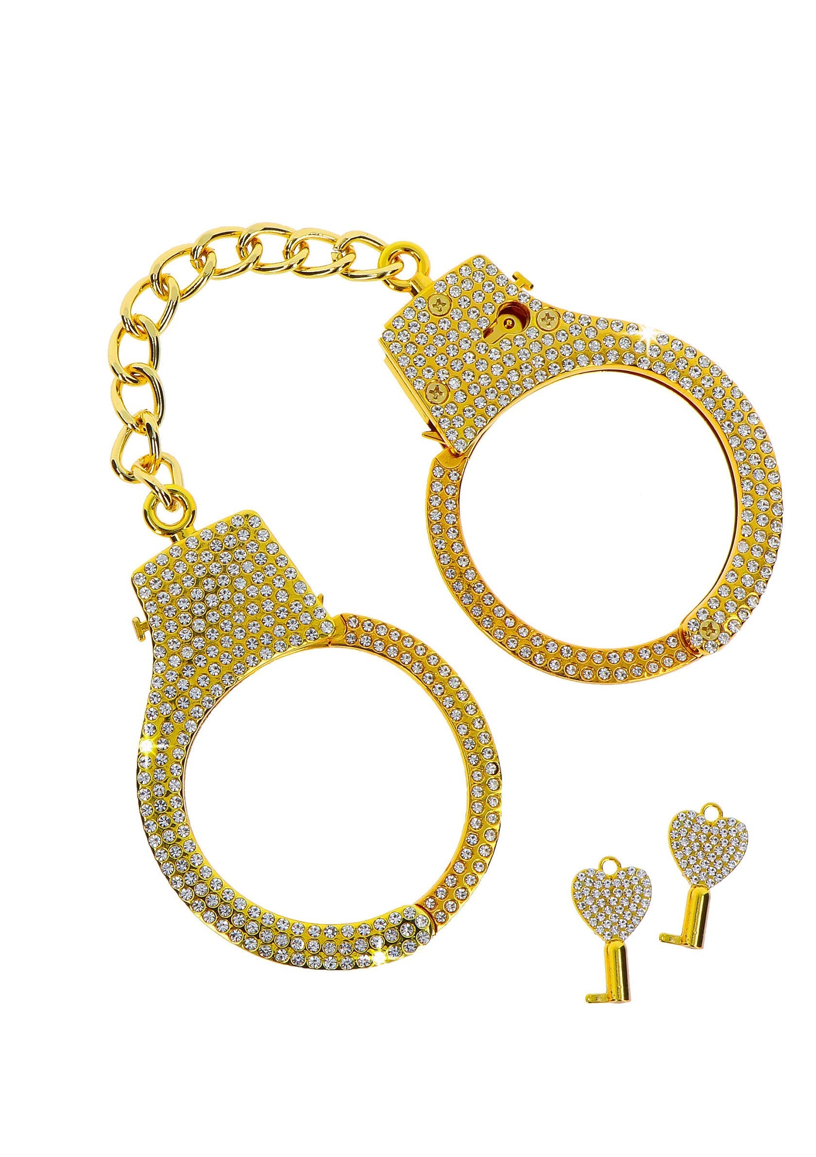 Menottes dorées étincelantes avec clés en forme de cœur, un accessoire audacieux pour pimenter votre jeu.; Glanzende gouden handboeien met hartvormige sleutels, een gedurfd accessoire om uw spel mee op te fleuren.; Sparkling gold handcuffs with heart-shaped keys, a daring accessory to spice up your play.