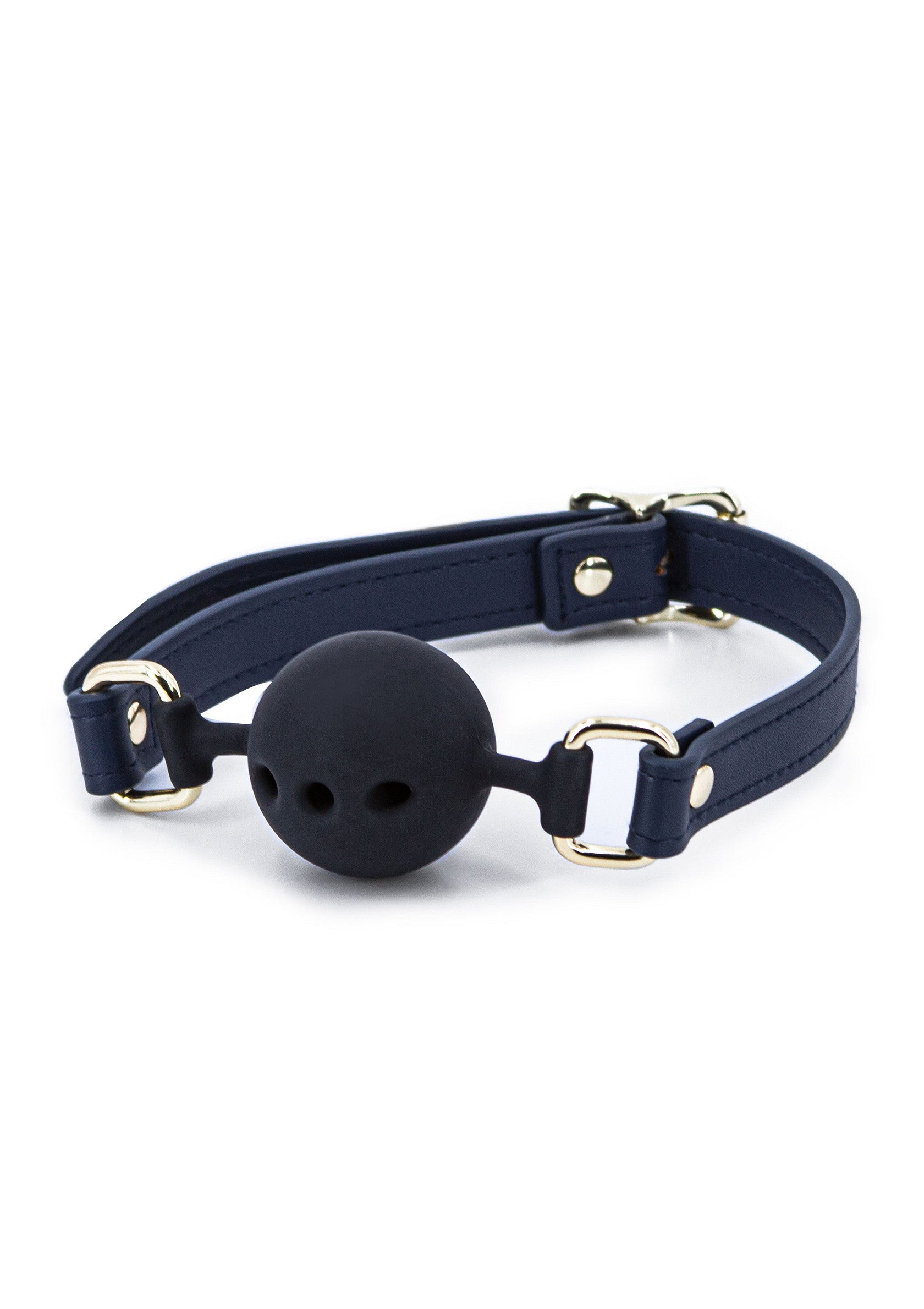 Bâillon de bouche noir avec sangle bleu marine et accents dorés.; Zwarte knevel met marineblauwe band en gouden accenten.; Black ball gag with navy strap and gold accents.