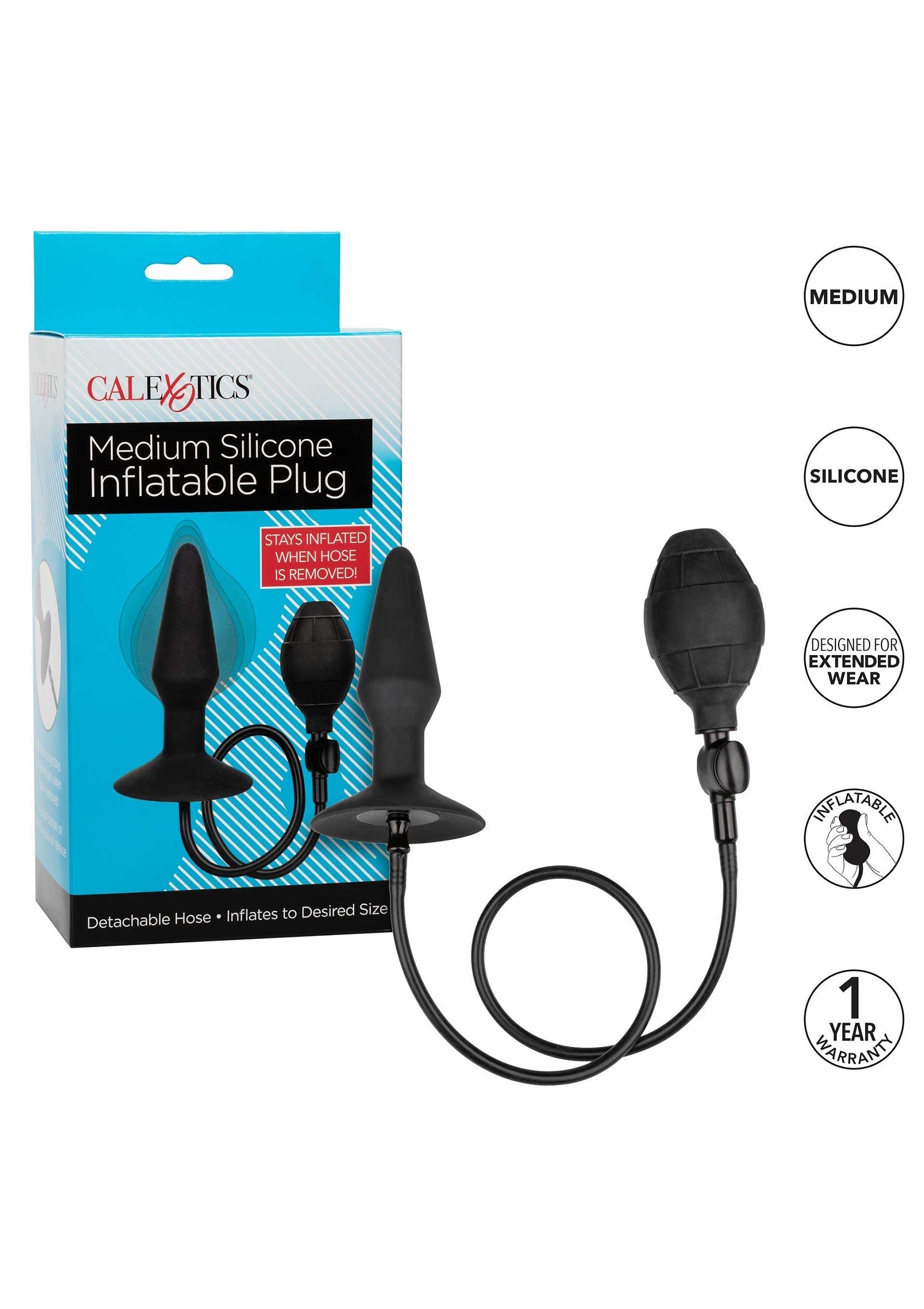 Plug gonflable en silicone CalExotics de taille moyenne pour le plaisir anal. Valve de gonflage facile à utiliser.; CalExotics Medium siliconen opblaasbare buttplug voor anale verwennerij. Eenvoudig te gebruiken opblaasventiel.; CalExotics Medium silicone inflatable butt plug for anal pleasure. Easy-to-use inflation valve.