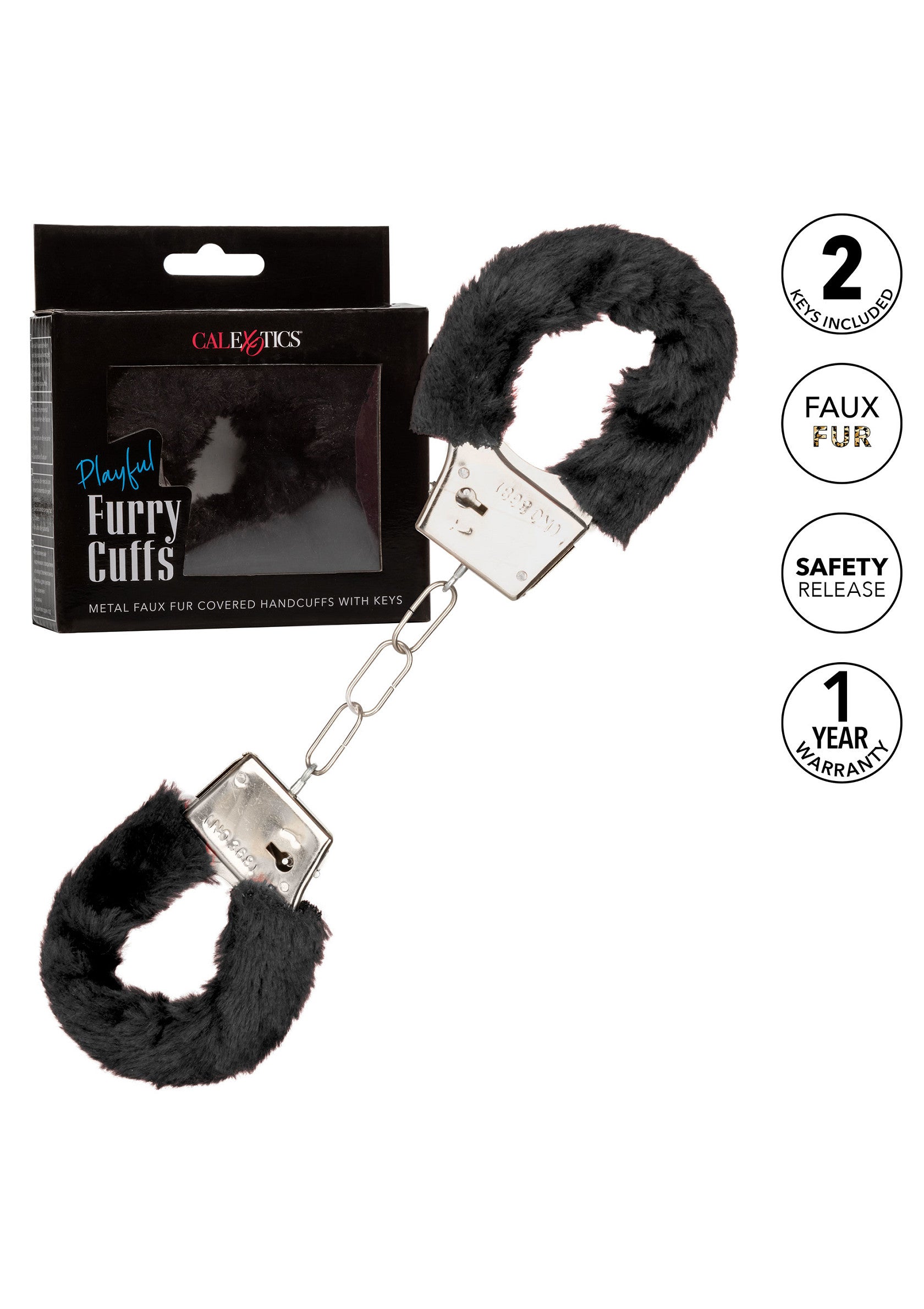 Menottes ludiques en fausse fourrure noire pour pimenter vos jeux coquins. Inclut 2 clés et une garantie d'un an.; Speelse zwarte, harige handboeien om je ondeugende spelletjes mee op te leuken. Inclusief 2 sleutels en 1 jaar garantie.; Playful black furry cuffs to spice up your naughty games. Includes 2 keys and a 1-year warranty.