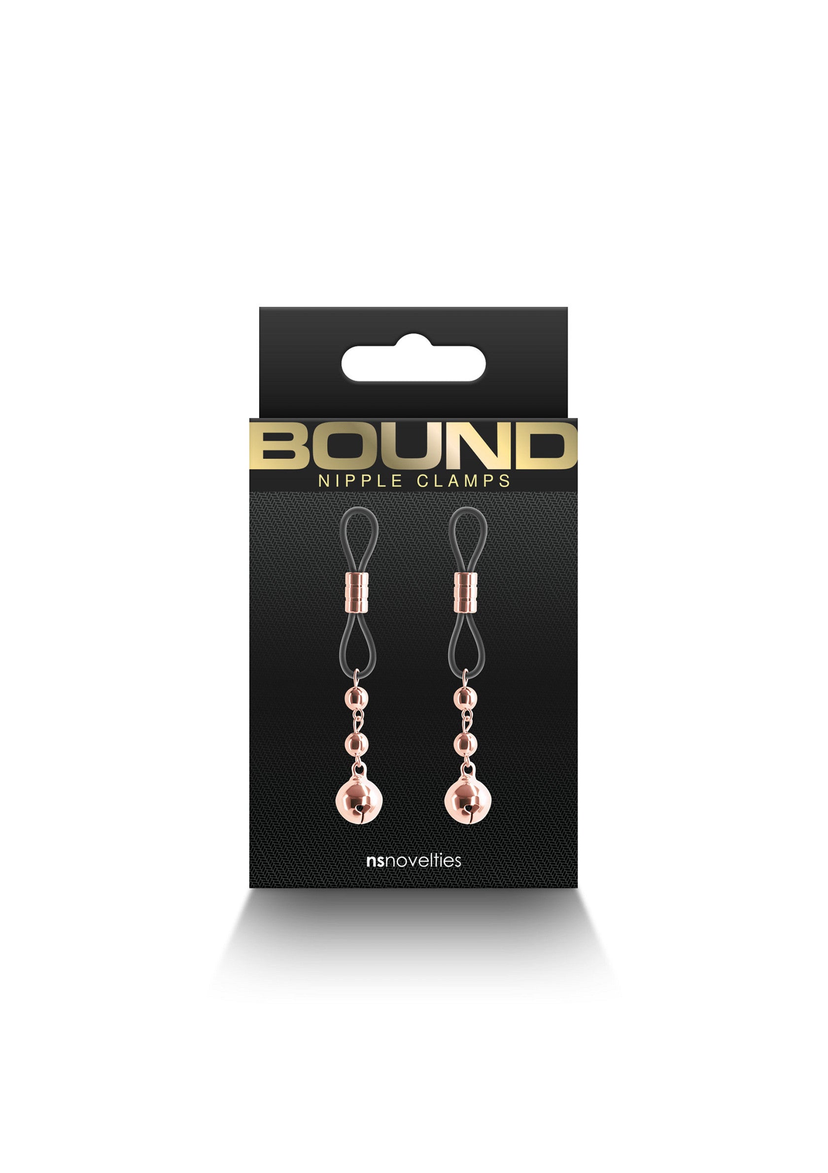 Pinces à tétons or rose 'Bound'. Accessoire érotique élégant pour pimenter vos jeux coquins. ; Rosegouden 'Bound' tepelklemmen. Stijlvol erotisch accessoire om je stoute spelletjes mee op te fleuren.; Rose gold 'Bound' nipple clamps. Stylish erotic accessory to spice up your naughty games.