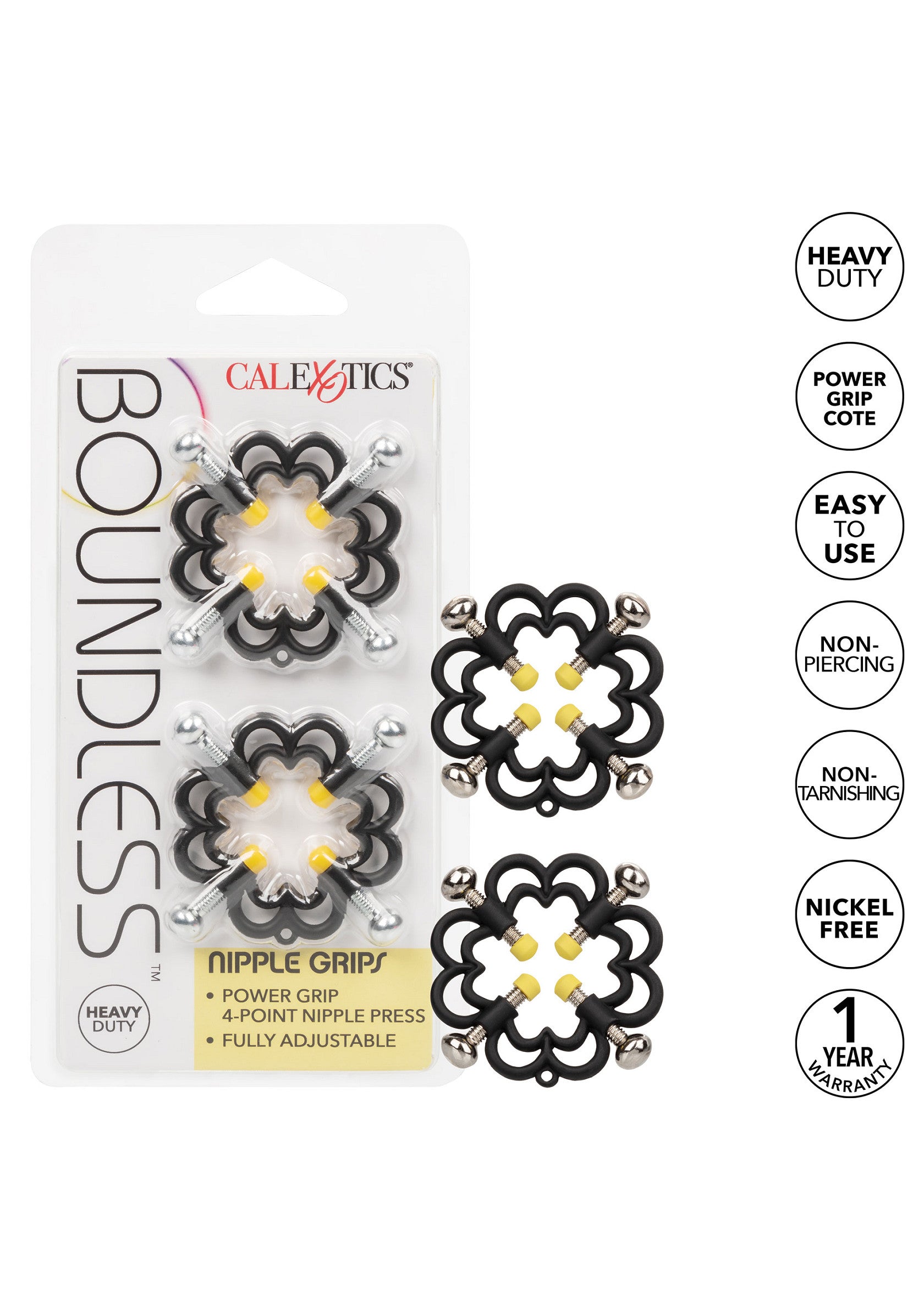 Pinces à tétons Calexotics Boundless pour une stimulation intense et réglable. Sans nickel, durables et faciles à utiliser.; Calexotics Boundless tepelklemmen voor intense en aanpasbare stimulatie. Nikkelvrij, duurzaam en makkelijk te gebruiken.; Calexotics Boundless nipple grips for intense, adjustable stimulation. Nickel-free, durable, and easy to use.