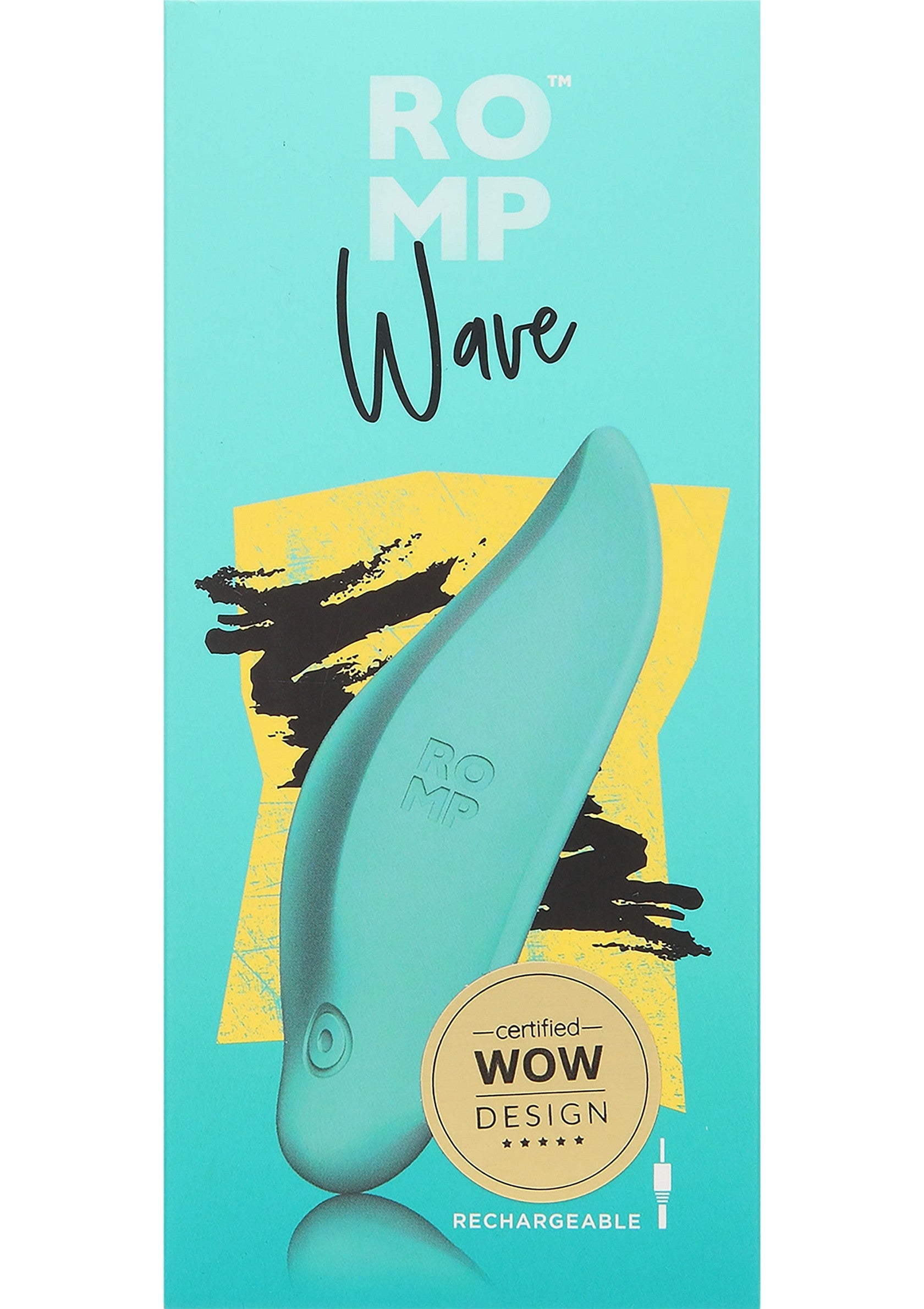ROMP Wave : vibromasseur rechargeable en silicone turquoise, certifié WOW Design. Découvrez des sensations uniques !; ROMP Wave: turquoise siliconen oplaadbare vibrator, gecertificeerd WOW Design. Ontdek unieke sensaties!; ROMP Wave: turquoise silicone rechargeable vibrator, certified WOW Design. Discover unique sensations!