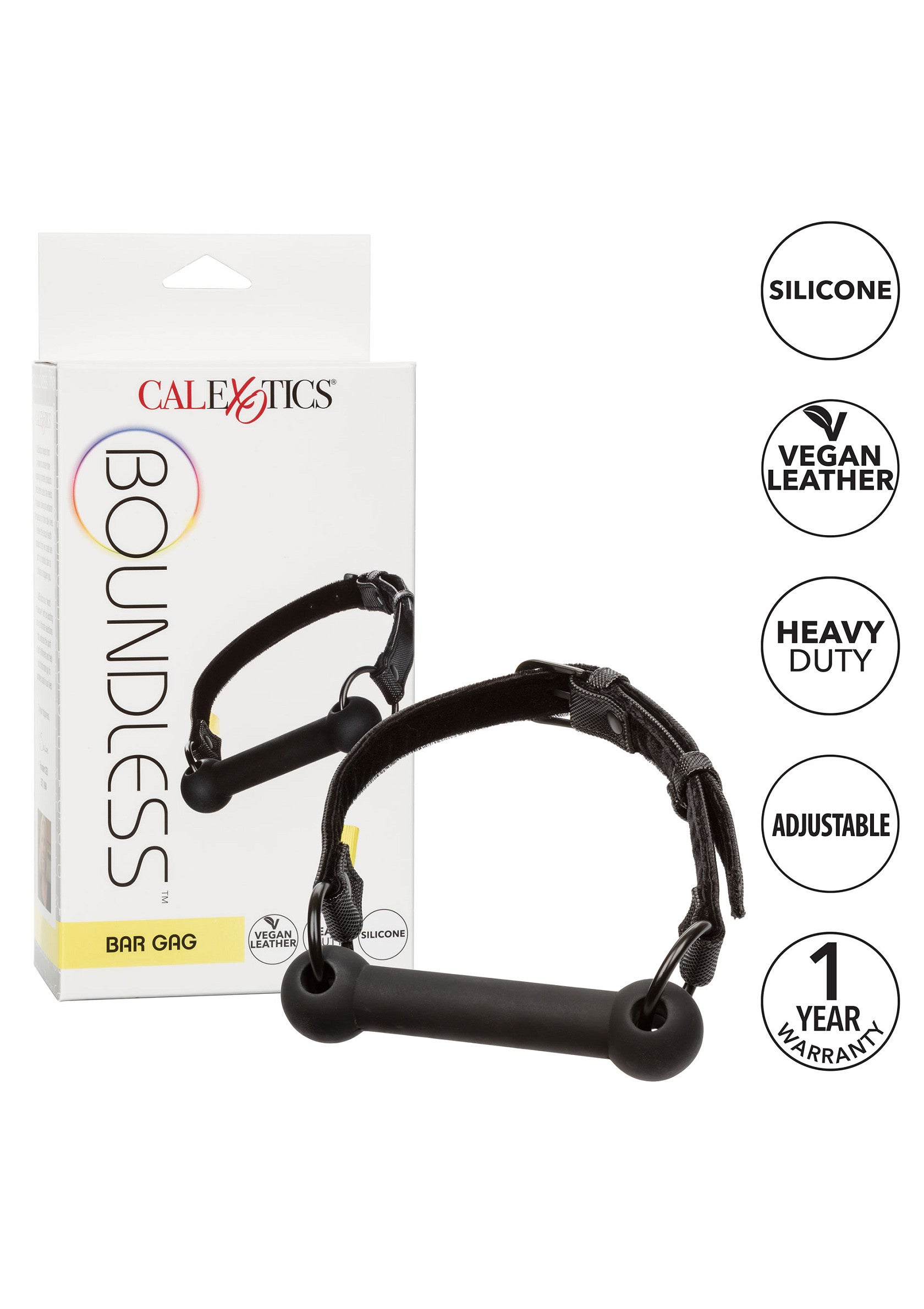 Gag à barre Calexotics Boundless. Silencieux, cuir végétal, robuste et ajustable. Livré avec une garantie de 1 an.; Calexotics Boundless bar gag. Stil, veganistisch leer, robuust en verstelbaar. Wordt geleverd met 1 jaar garantie.; Calexotics Boundless bar gag. Silicone, vegan leather, heavy duty and adjustable. Comes with 1 year warranty.