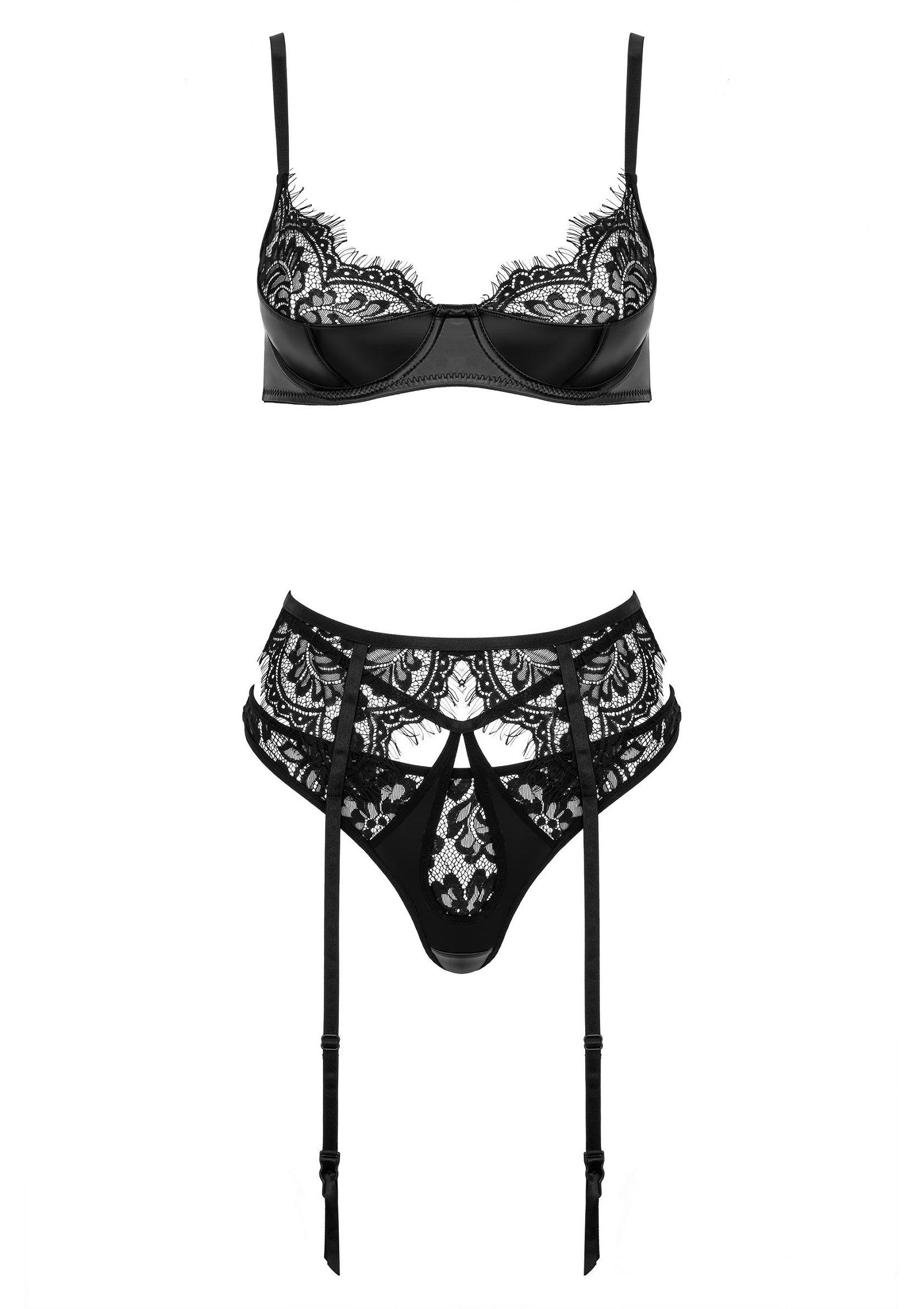 Ensemble de lingerie noire en dentelle : soutien-gorge et porte-jarretelles pour une sensualité élégante.; Zwarte lingerie set met kant: beha en jarretelgordel voor een elegante sensualiteit.; Black lace lingerie set: bra and suspender belt for elegant sensuality.