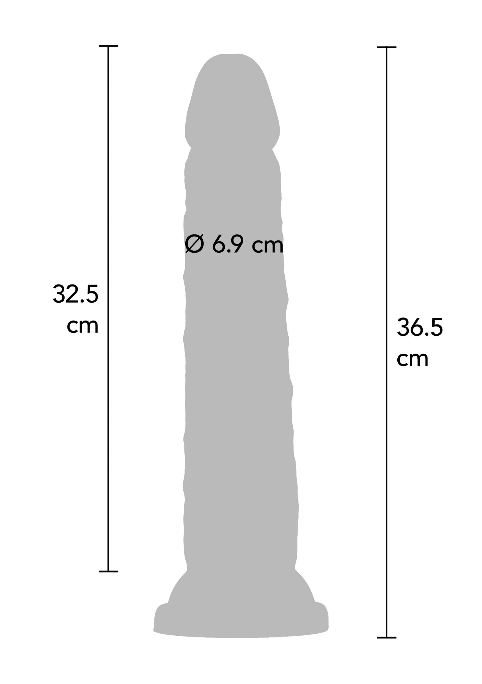 Diagramme des dimensions d'un gode texturé. Longueur 32.5cm, diamètre 6.9cm.; Diagram met de afmetingen van een getextureerde dildo. Lengte 32,5cm, diameter 6,9cm.; Diagram of textured dildo dimensions. Length 32.5cm, diameter 6.9cm.