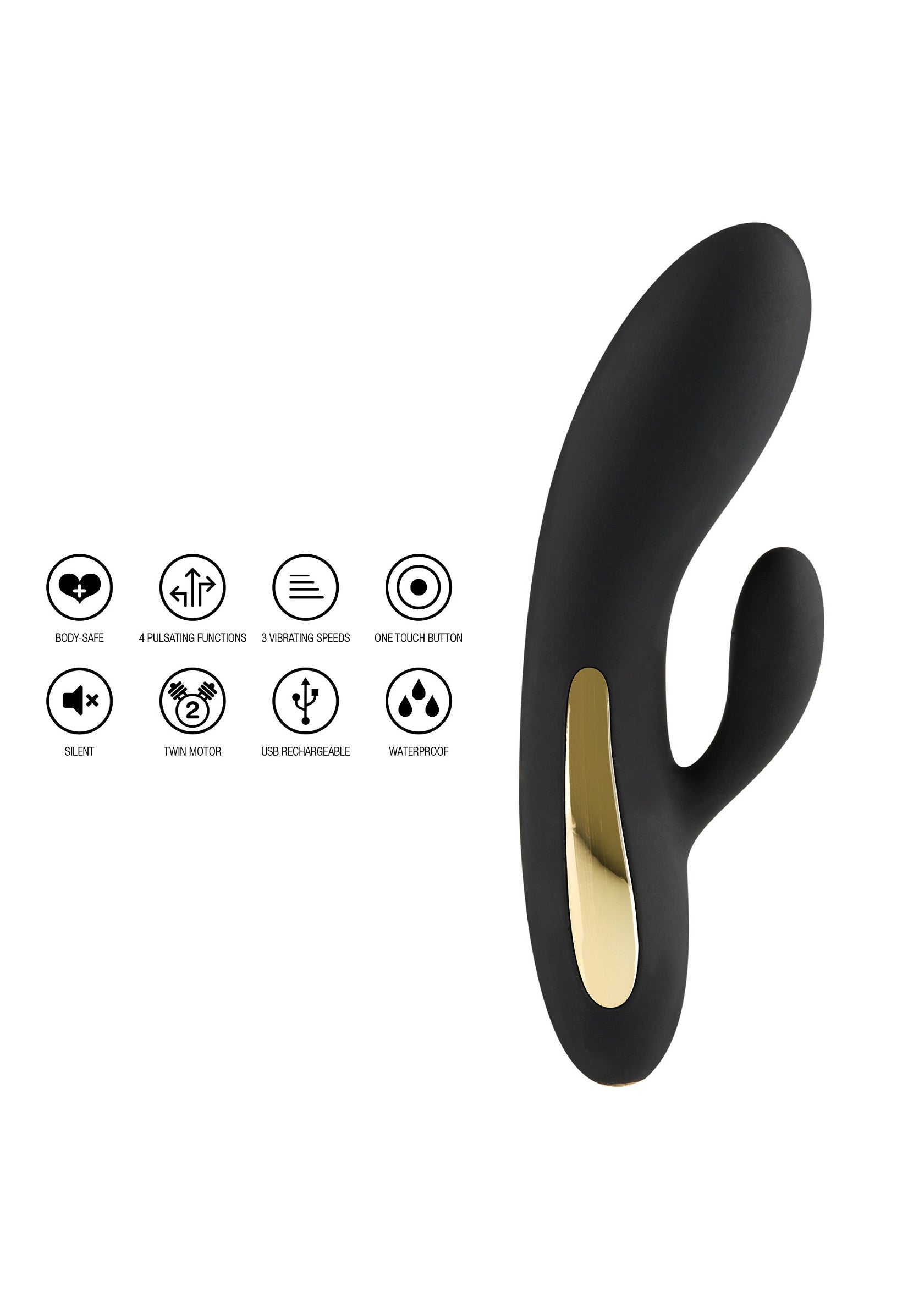 Vibromasseur noir élégant avec détails dorés. 4 modes de vibration, rechargeable et étanche. Pour un plaisir intense et personnalisé.; Elegante zwarte vibrator met gouden details. 4 vibratiestanden, oplaadbaar en waterdicht. Voor intens en persoonlijk genot.; Sleek black vibrator with gold accents. 4 vibration modes, rechargeable & waterproof. For intense, customized pleasure.