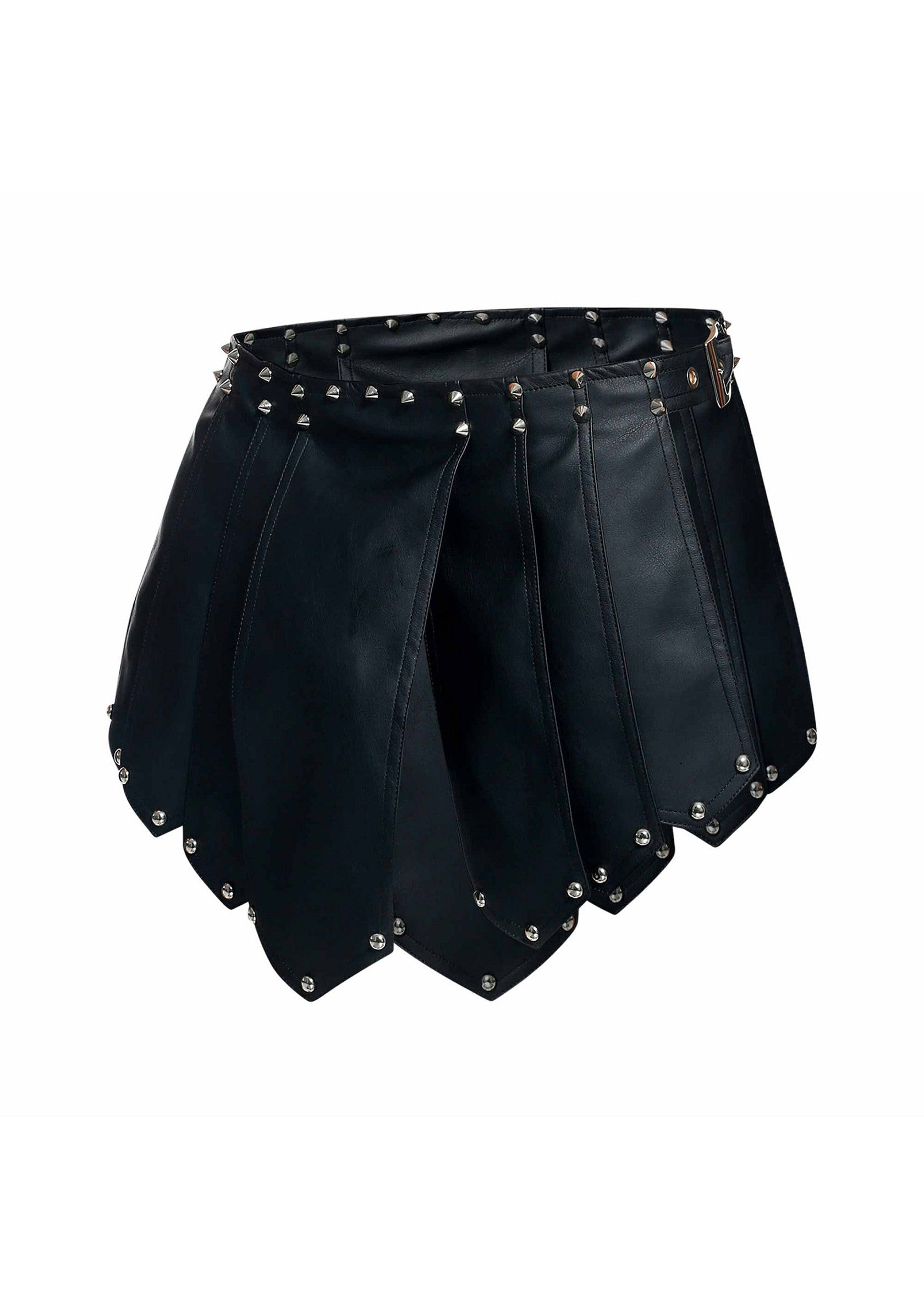 Jupe cloutée noire, style gothique, punk, en similicuir. Une pièce originale pour un look audacieux et rebelle.; Zwarte rok met studs, gothic, punk stijl, van imitatieleer. Een origineel stuk voor een gedurfde en rebelse look.; Black studded skirt, gothic, punk style, made of imitation leather. An original piece for a bold and rebellious look.