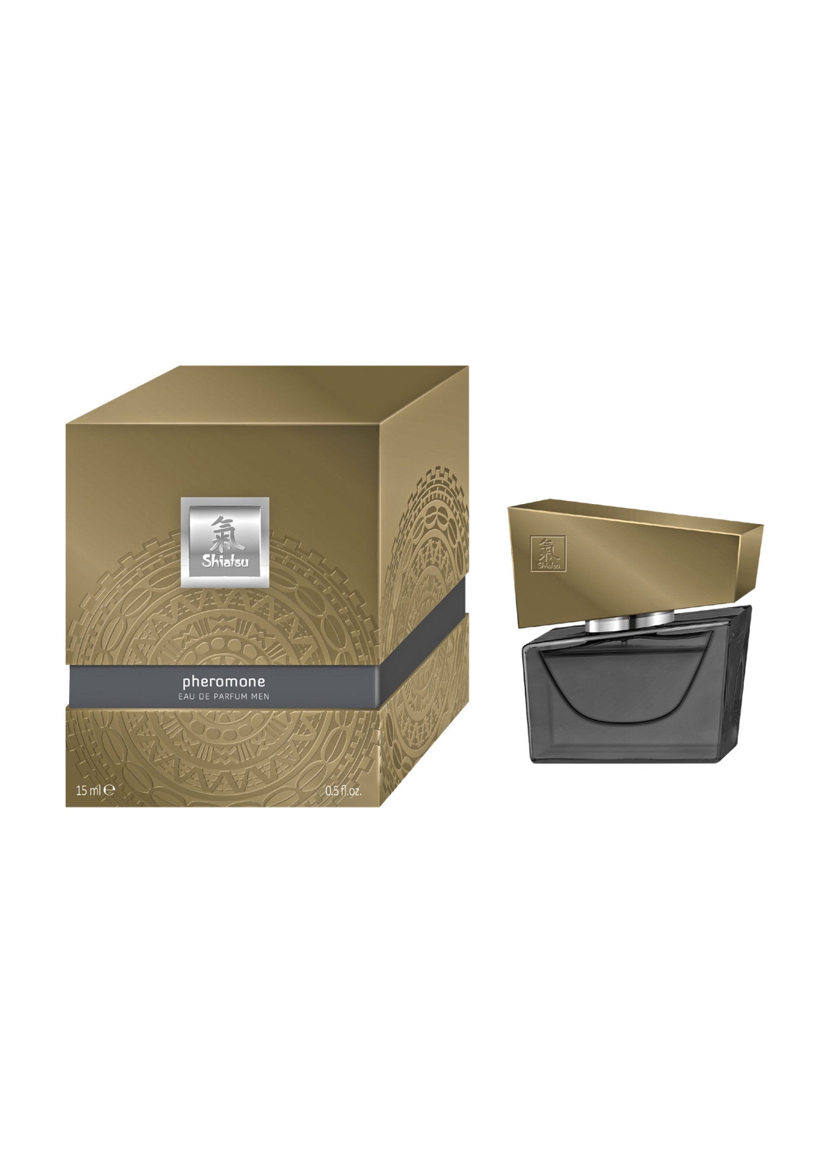 Parfum aux phéromones pour homme. Eau de parfum présentée dans un emballage doré.; Feromoon parfum voor mannen. Eau de parfum gepresenteerd in gouden verpakking.; Pheromone perfume for men. Eau de parfum presented in gold packaging.