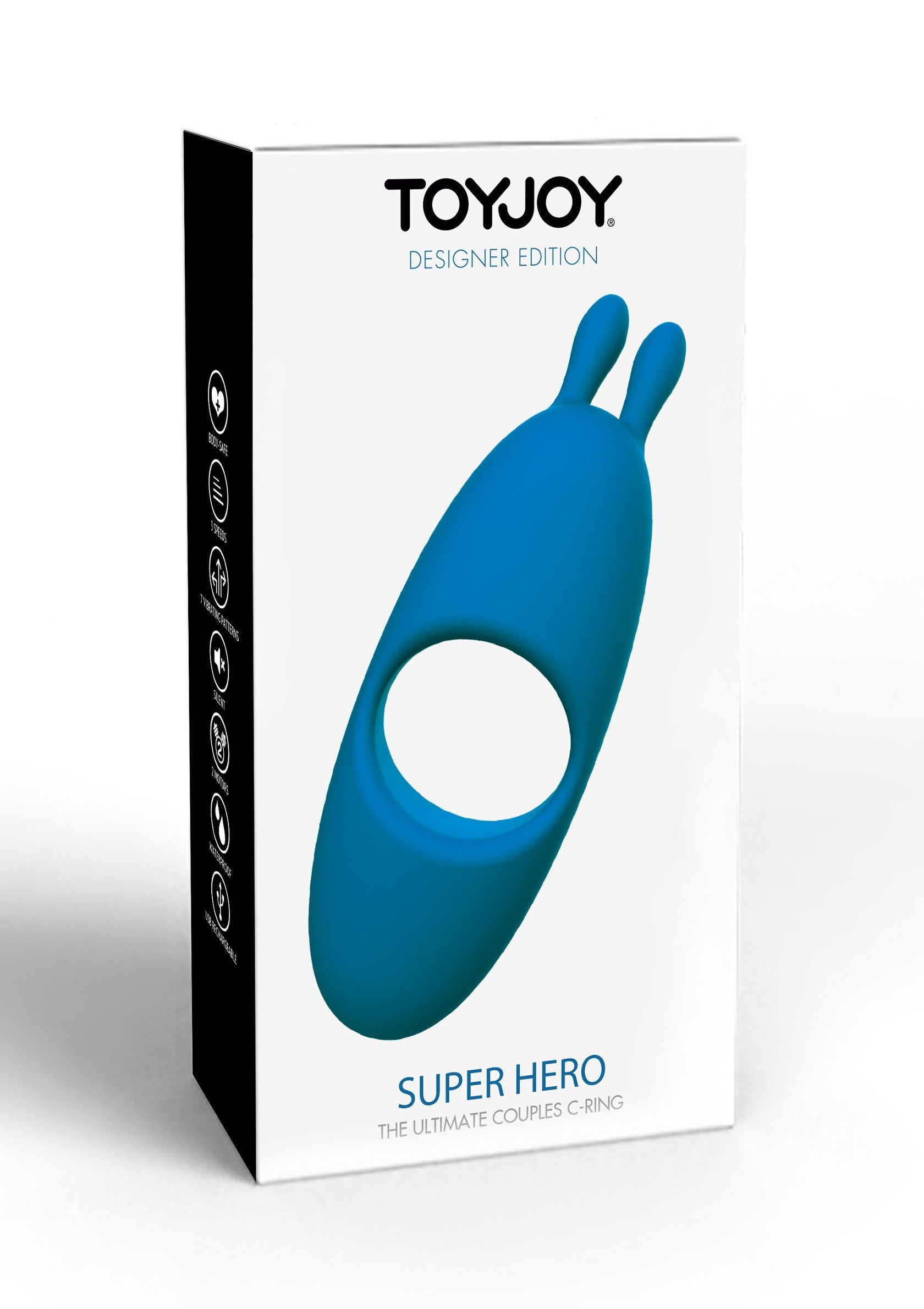 ToyJoy Super Hero, anneau vibrant pour couples, édition Designer. Plaisir et sensations garantis!; ToyJoy Super Hero, vibrerende ring voor koppels, Designer Edition. Gegarandeerd plezier en sensaties!; ToyJoy Super Hero, Couples C-Ring, Designer Edition. Pleasure and sensations guaranteed!