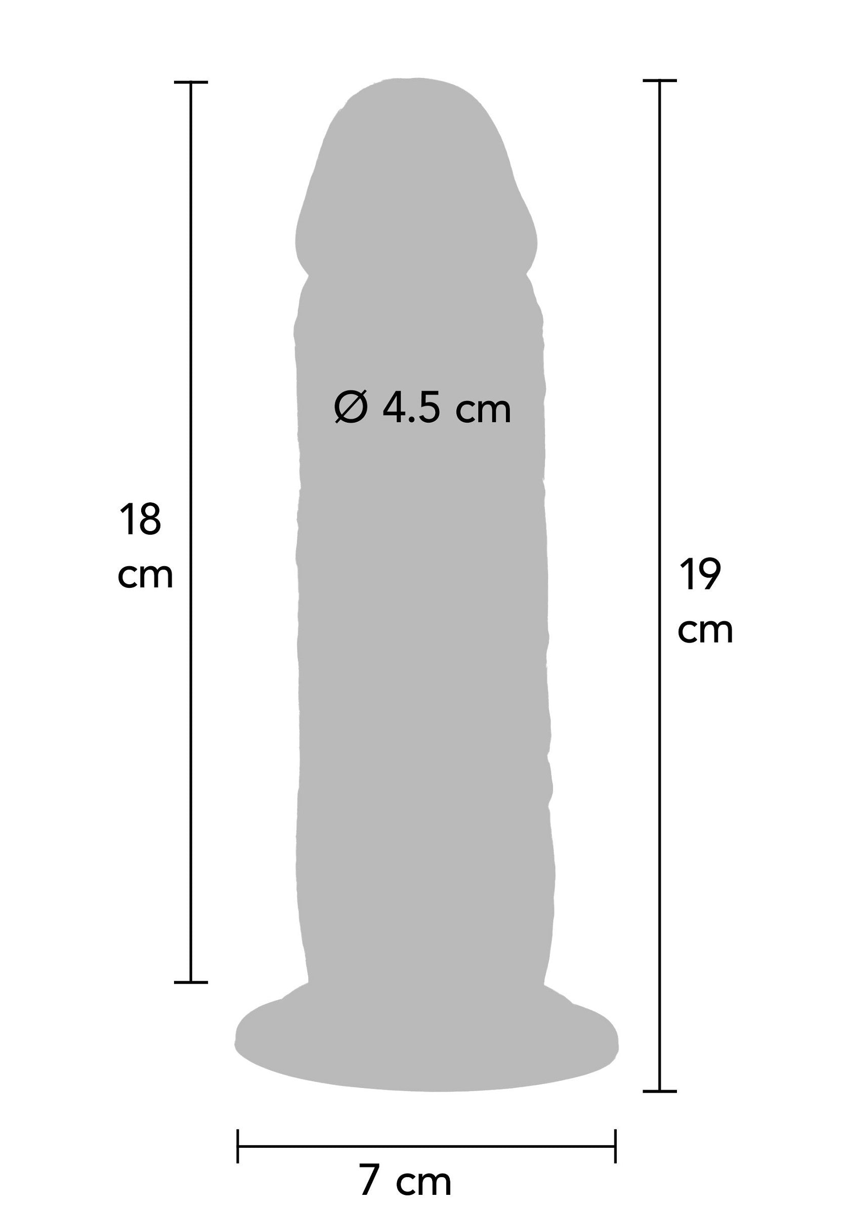 Diagramme de dimensions d'un gode. Indique une longueur de 18-19cm et un diamètre de 4.5cm.; Afmetingen diagram van een dildo. Geeft lengte 18-19cm en diameter 4.5cm aan.; Dimensions diagram of a dildo. Indicates a length of 18-19cm and a diameter of 4.5cm.