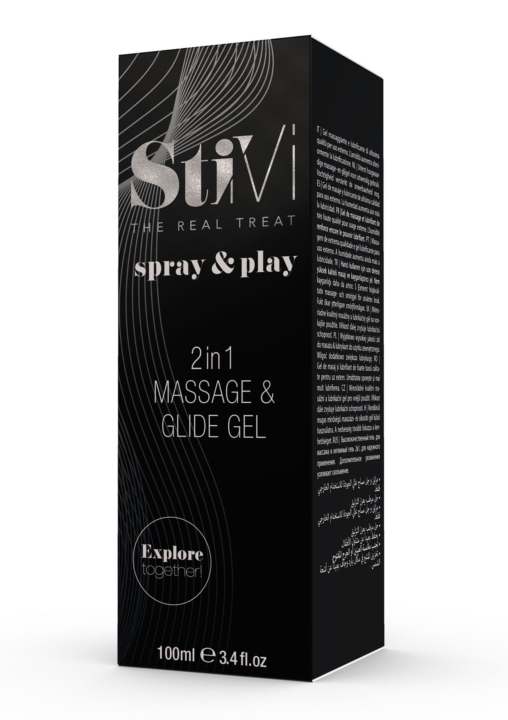 Stivi Spray & Play, gel de massage et lubrifiant 2 en 1 pour explorer ensemble! 100ml; Stivi Spray & Play, 2-in-1 massage & glijmiddel gel om samen te ontdekken! 100ml; Stivi Spray & Play, 2-in-1 massage & glide gel to explore together! 100ml
