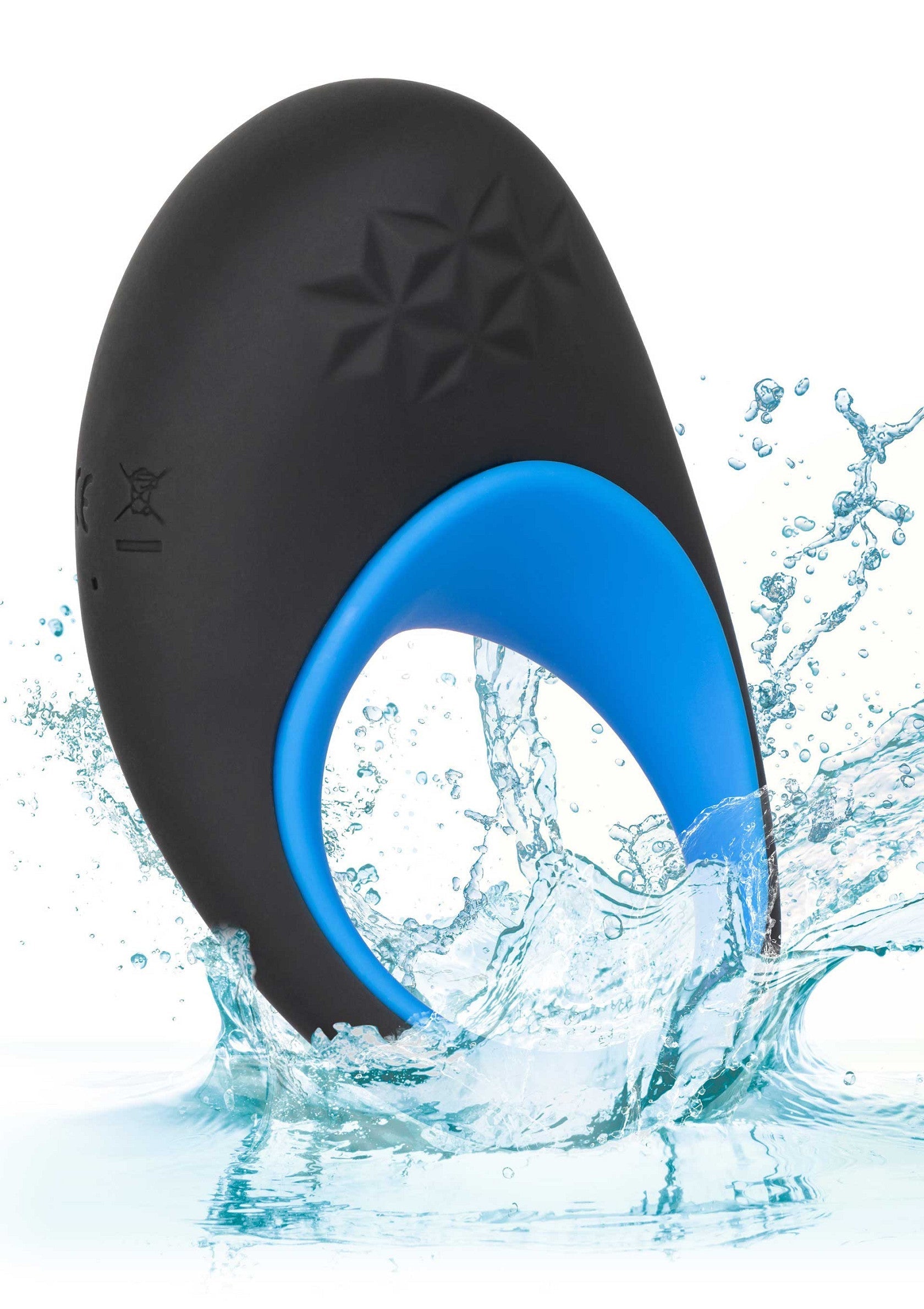 Masseur personnel étanche noir et bleu avec éclaboussures d'eau.; Zwarte en blauwe waterdichte persoonlijke vibrator met waterspatten.; Black and blue waterproof personal massager with water splashes.