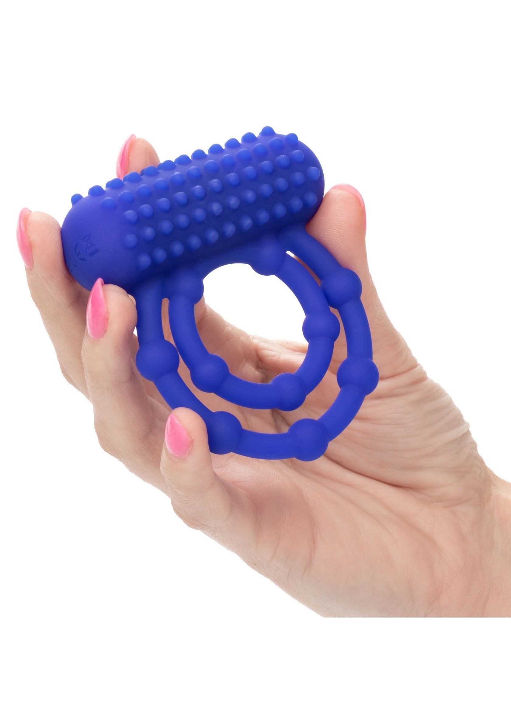 Anneau vibrant bleu texturé pour couple. Intensifiez le plaisir et l'intimité.; Getextureerde blauwe vibrerende ring voor koppels. Intensievere plezier en intimiteit.; Textured blue vibrating cock ring for couples. Intensify pleasure and intimacy.