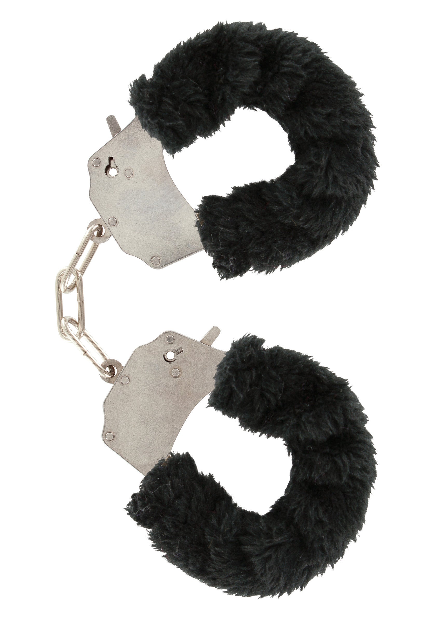 Menottes en métal avec fourrure noire douce pour plus de confort et de plaisir.; Metalen handboeien met zacht, zwart bont voor extra comfort en plezier.; Metal handcuffs with soft, black faux fur for added comfort and fun.