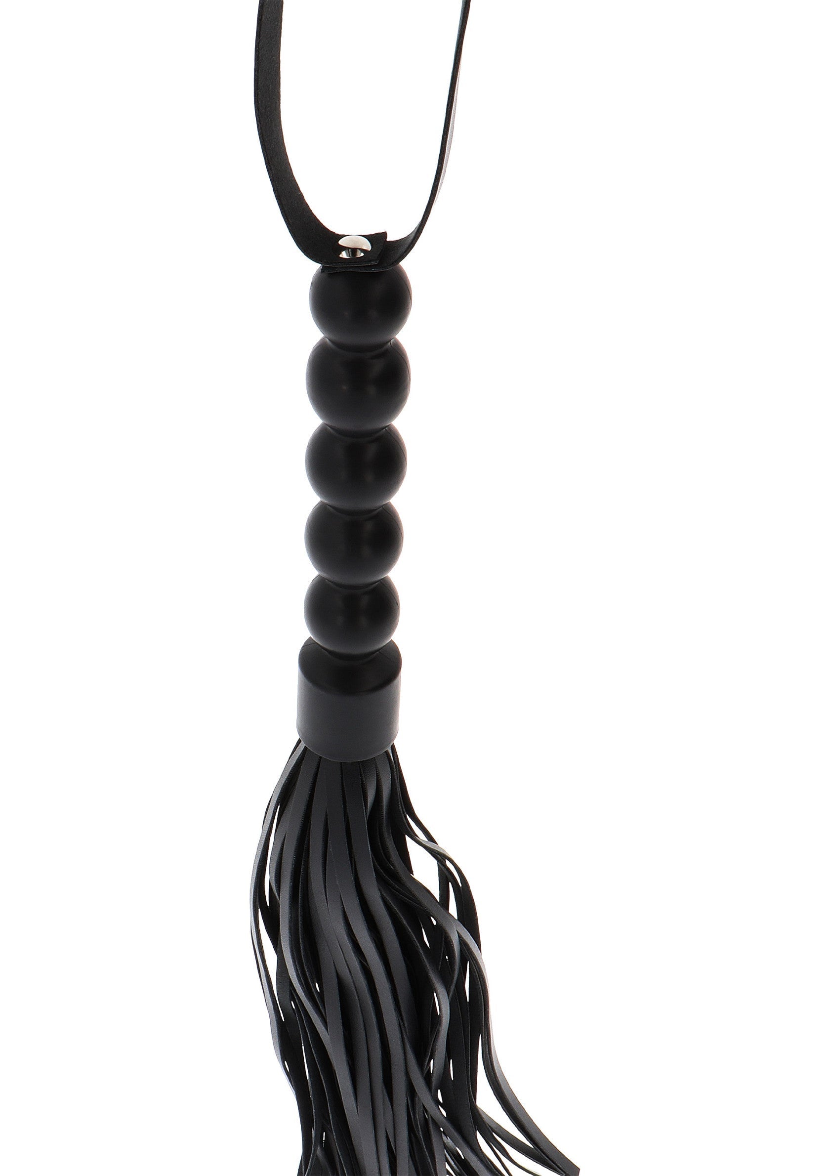 Cravache en cuir noir avec des perles pour plus de plaisir. Accessoire de domination.; Zwarte leren zweep met kralen voor extra plezier. Dominantie accessoire.; Black leather flogger with beads for extra fun. Dominance accessory.