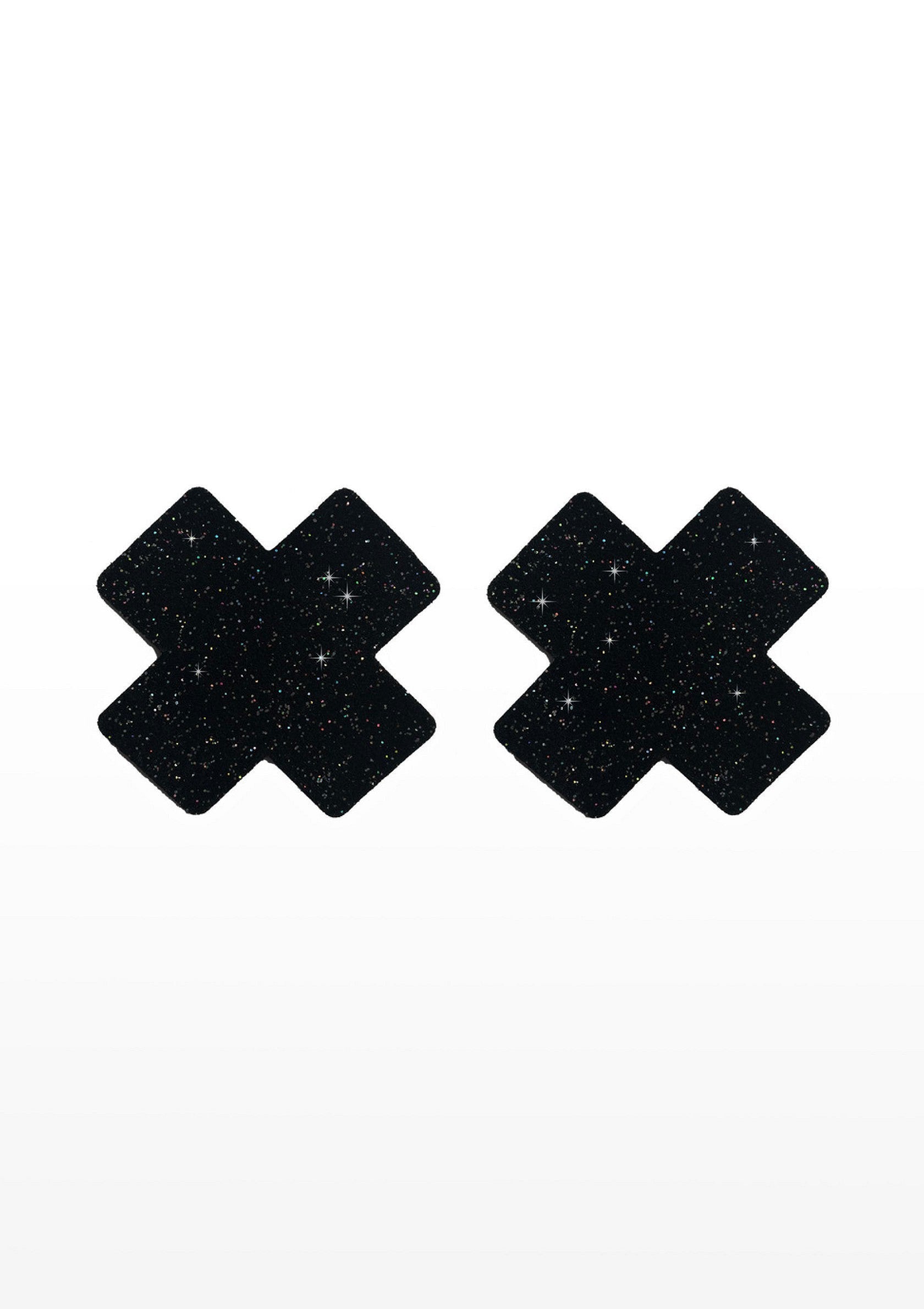 Cache-tétons noirs en forme de croix scintillante, réutilisables pour une touche glamour.; Zwarte tepelbedekkers in kruisvorm met glitter, herbruikbaar voor een glamoureuze touch.; Black glittery cross nipple covers, reusable for a glamorous touch.