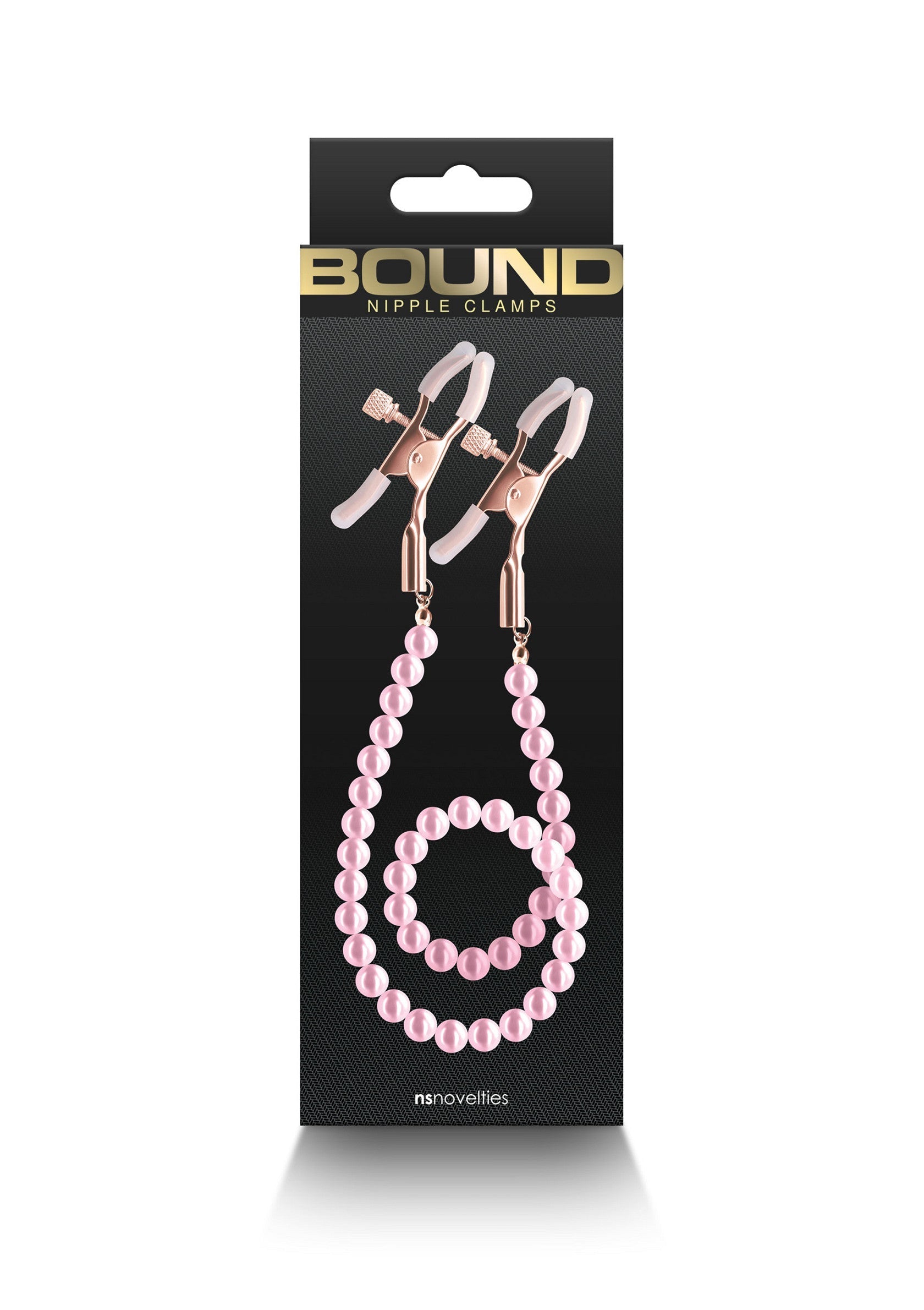 Serre-tétons BOUND avec chaîne de perles roses. Accessoire érotique pour des jeux coquins et sensuels.; BOUND tepelklemmen met roze kralenketting. Erotisch accessoire voor ondeugende en sensuele spelletjes.; BOUND Nipple clamps with pink bead chain. Erotic accessory for kinky and sensual games.