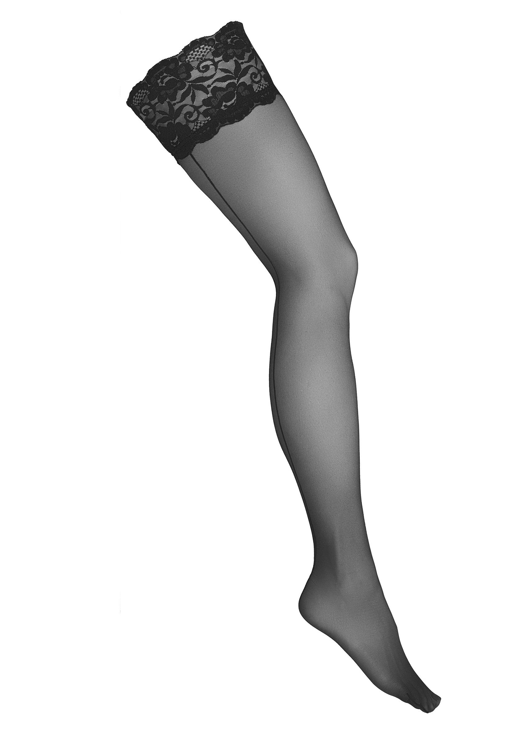 Bas autofixants noirs avec dentelle élégante, parfait pour ajouter une touche de sensualité à votre tenue. ; Zwarte kousenbandkousen met elegant kant, perfect om een vleugje sensualiteit aan je outfit toe te voegen.; Black hold-up stockings with elegant lace, perfect to add a touch of sensuality to your outfit.