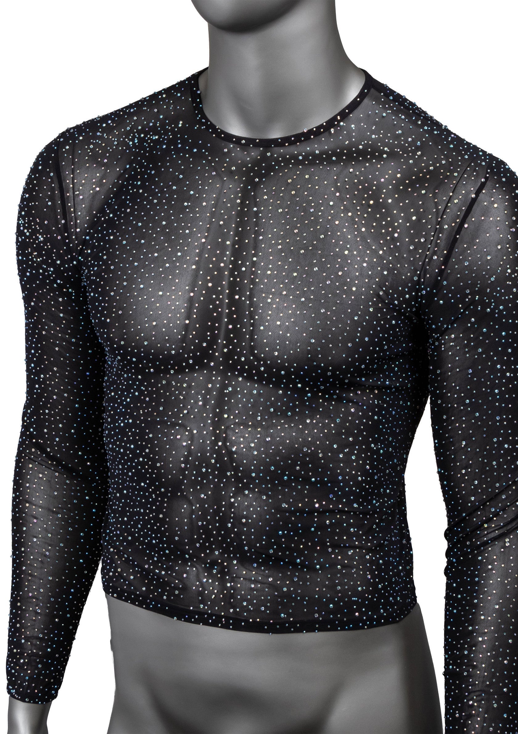 Haut transparent à manches longues, noir et scintillant pour homme. Parfait pour les soirées et festivals.; Zwarte, glitterende, doorschijnende top met lange mouwen voor heren. Perfect voor avonden en festivals.; Black, sparkly, sheer long-sleeved top for men. Perfect for evenings out and festivals.